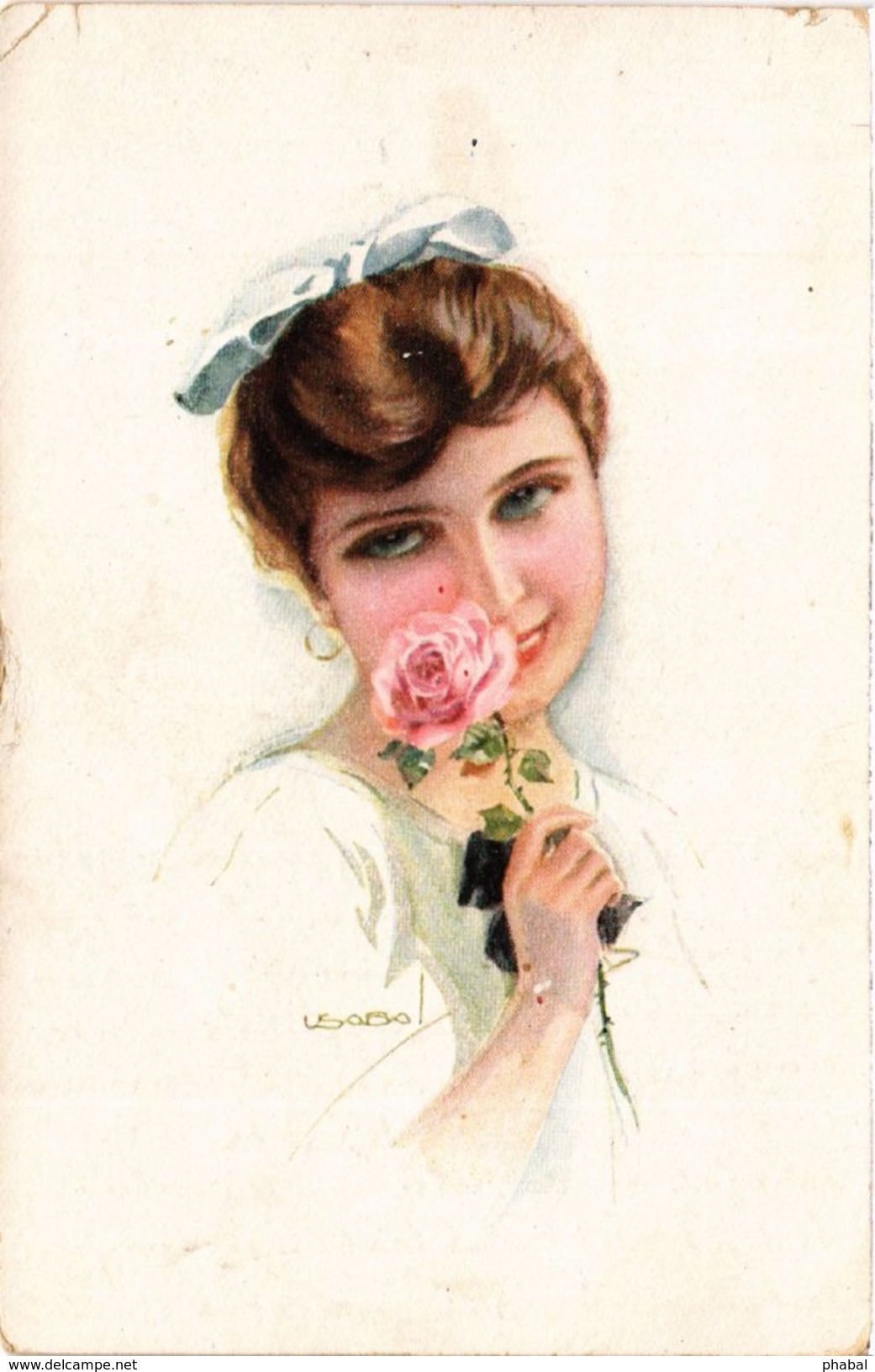 Usabal, Young Lady With A Pink Rose, Old Postcard - Usabal