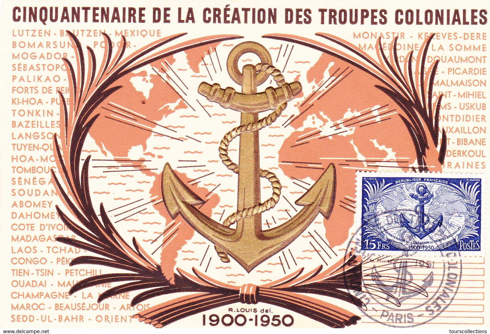 CINQUANTENAIRE De La Création Des TROUPES COLONIALES 1900 - 1950 Carte Maximum 15 X 10,1 Cm - Forces Armées Guerre Ancre - 1950-1959