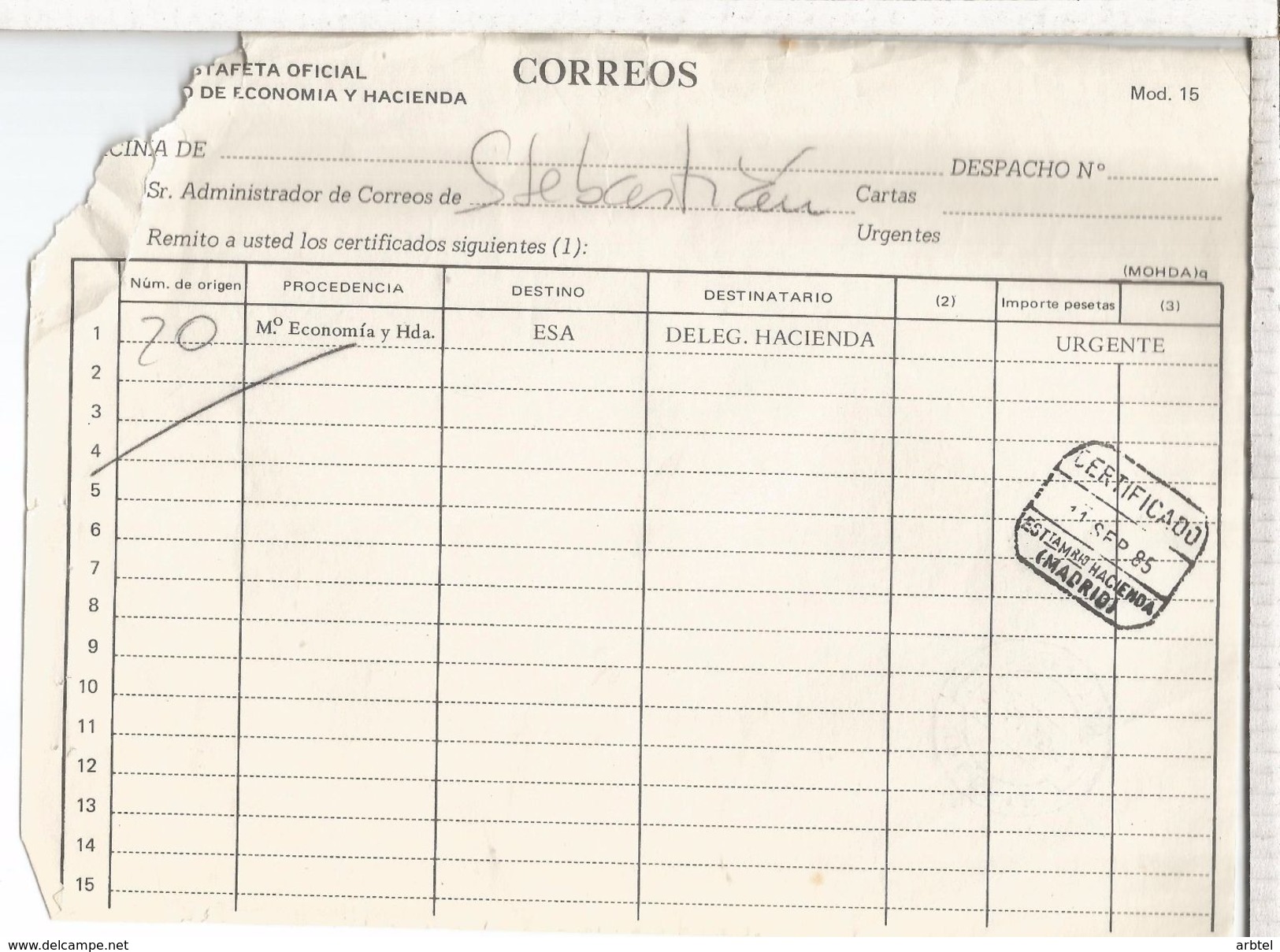 MADRID DOCUMENTO INTERNO CORREOS CON MAT CERTIFICADO ESTAFETA MINISTERIO DE HACIENDA DETERIORADO - Cartas & Documentos