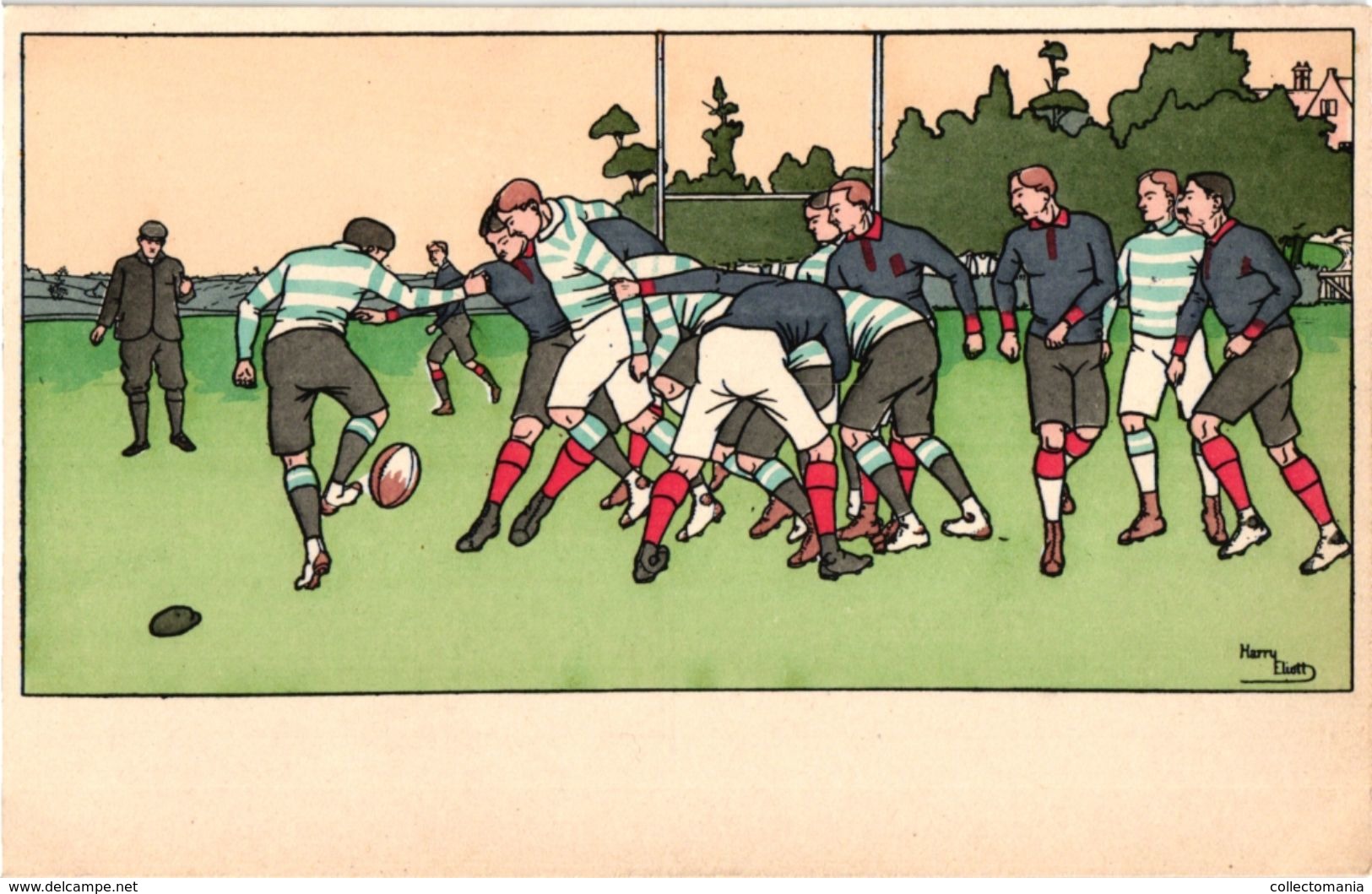 1 CPA  Illustrator Harry Eliott    RUGBY    Lithography - Elliot