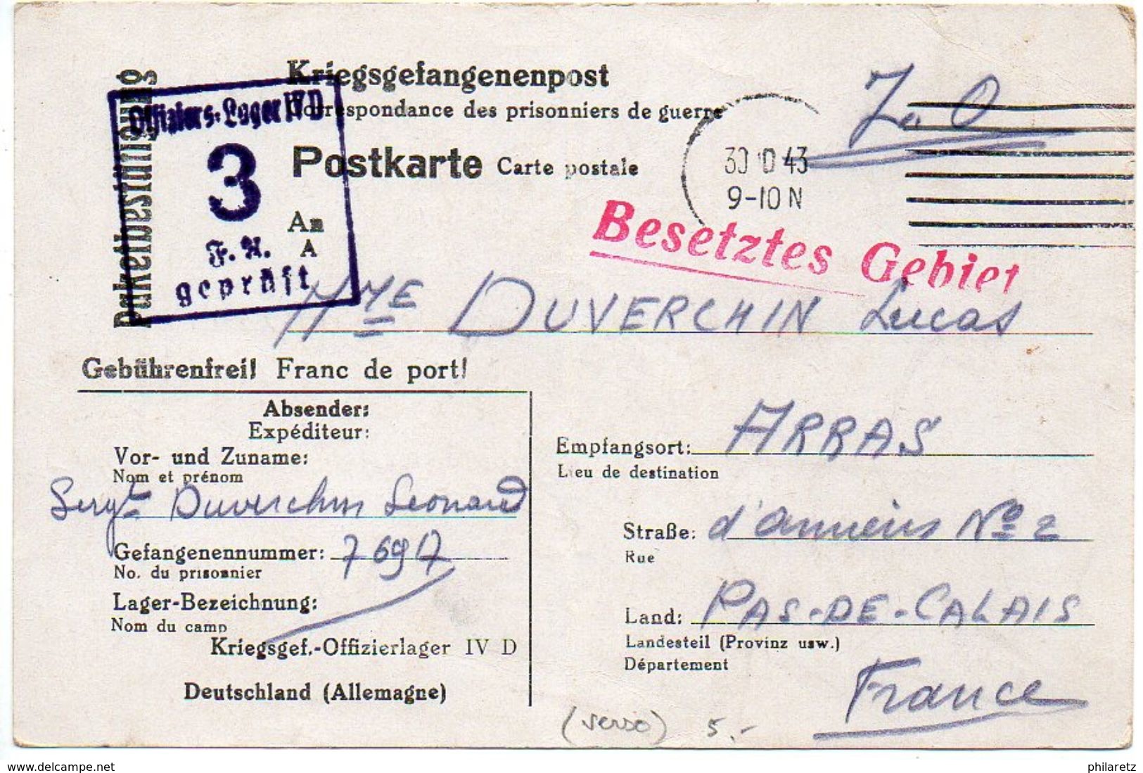 Carte Postale De Prisonnier Du Kriegsgef. Offizierlager IV D - Avis De Réception D'un Colis - Guerre De 1939-45