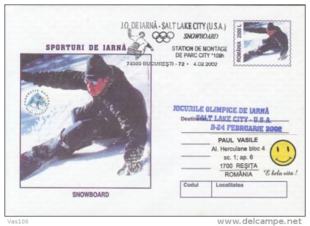 OLYMPIC GAMES, SALT LAKE CITY'02, WINTER, SNOWBOARD, COVER STATIONERY, ENTIER POSTAL, 2002, ROMANIA - Hiver 2002: Salt Lake City