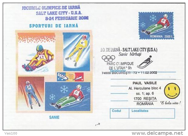 OLYMPIC GAMES, SALT LAKE CITY'02, WINTER, SLED, COVER STATIONERY, ENTIER POSTAL, 2002, ROMANIA - Hiver 2002: Salt Lake City