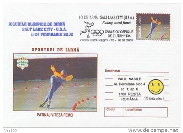 OLYMPIC GAMES, SALT LAKE CITY'02, WINTER, SPEED SKATING, COVER STATIONERY, ENTIER POSTAL, 2002, ROMANIA - Hiver 2002: Salt Lake City