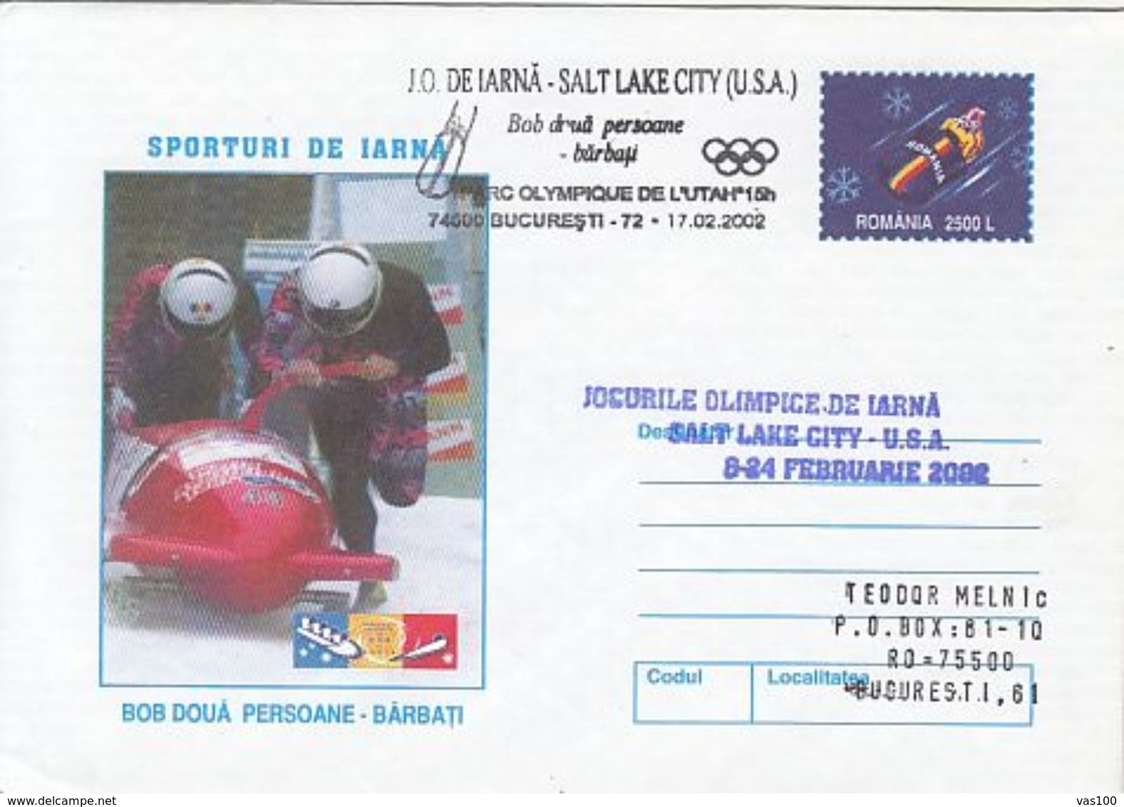 OLYMPIC GAMES, SALT LAKE CITY'02, WINTER, BOBSLED, COVER STATIONERY, ENTIER POSTAL, 2002, ROMANIA - Inverno2002: Salt Lake City