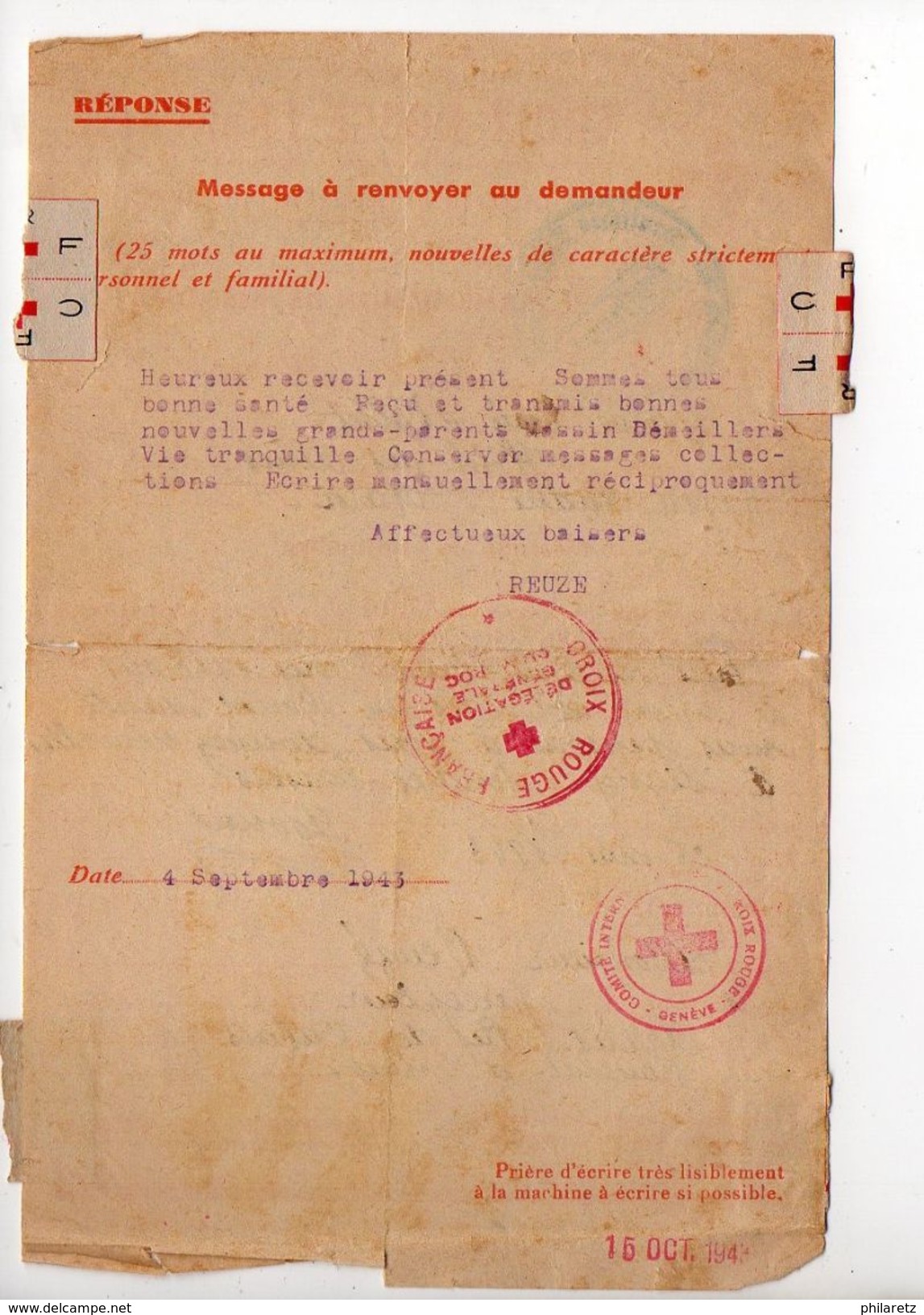 Message Croix-rouge Du Maroc Pour La France (1943) - Guerre De 1939-45