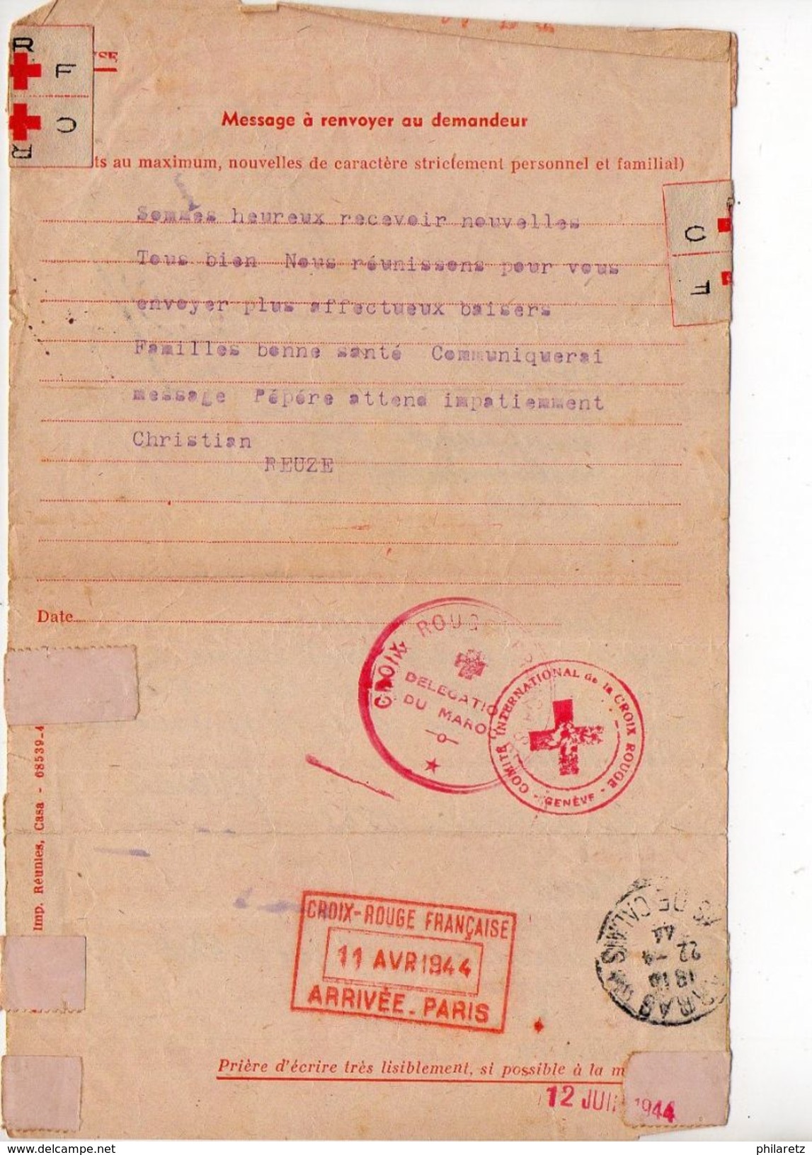 Message Croix-rouge Du Maroc Pour La France (1943) - Guerre De 1939-45