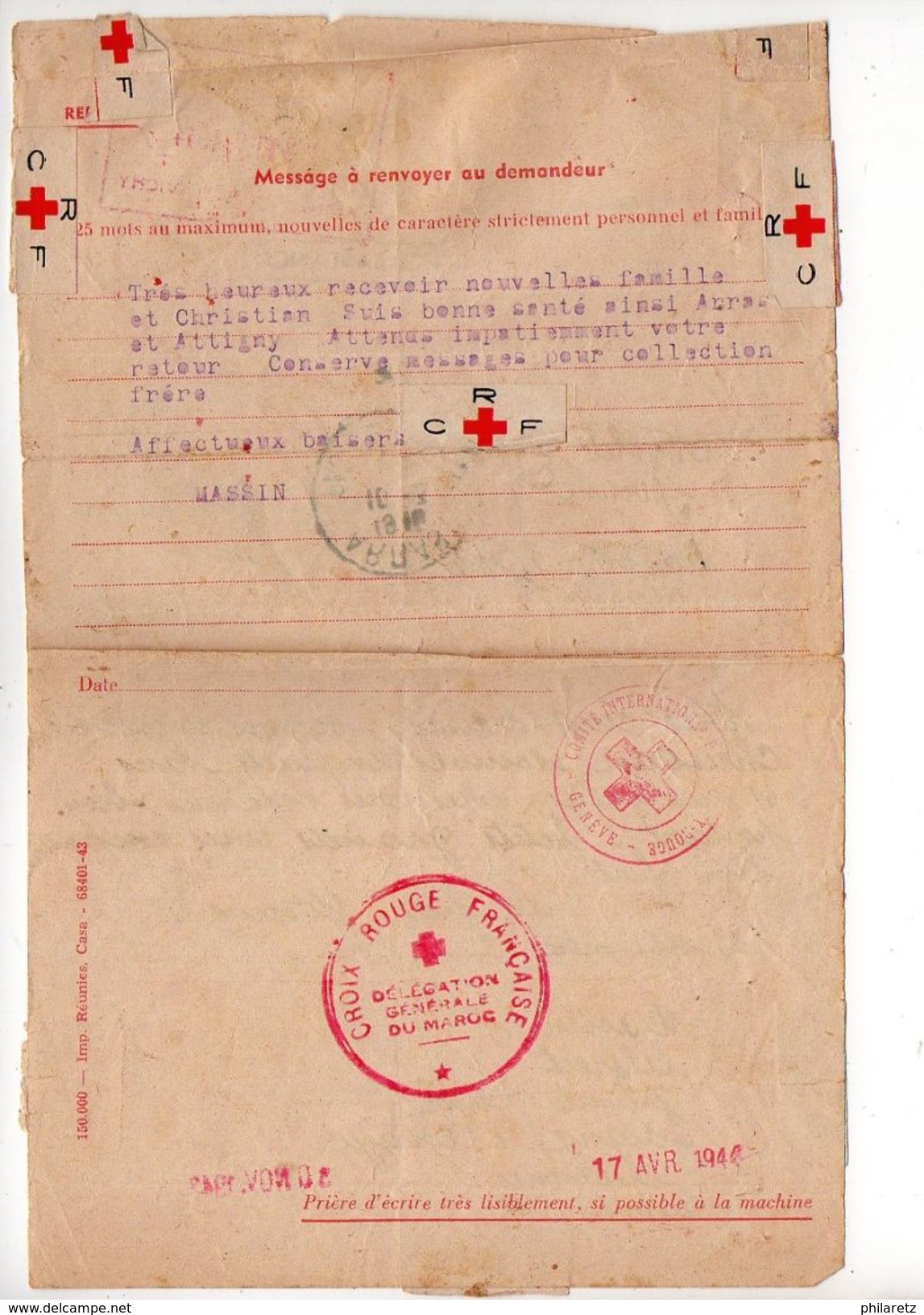 Message Croix-rouge Du Maroc Pour La France (1943) - Guerre De 1939-45