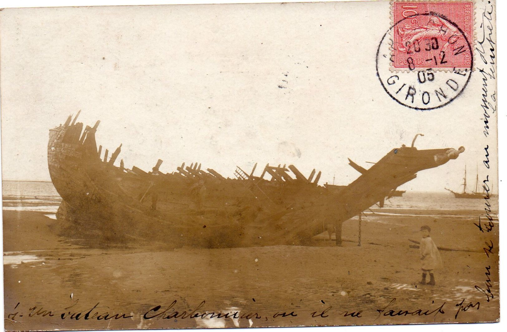 ARCACHON CARTE PHOTO-DEGATS TEMPETE-UN BATEAU CHABONNIER-LIRE DETAIL-ACHAT IMMEDIAT - Arcachon