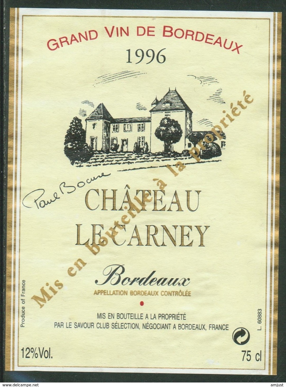 Rare // Etiquette // Bordeaux //  Château Le Carney 1996  Gironde,France - Autres & Non Classés