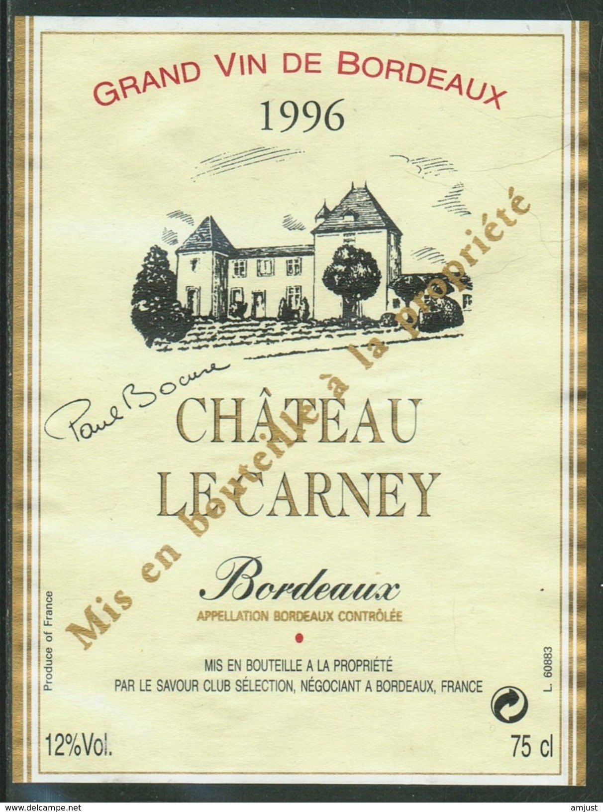 Rare // Etiquette // Bordeaux // Château Le Carney 1996, Bordeaux, Gironde, France - Autres & Non Classés