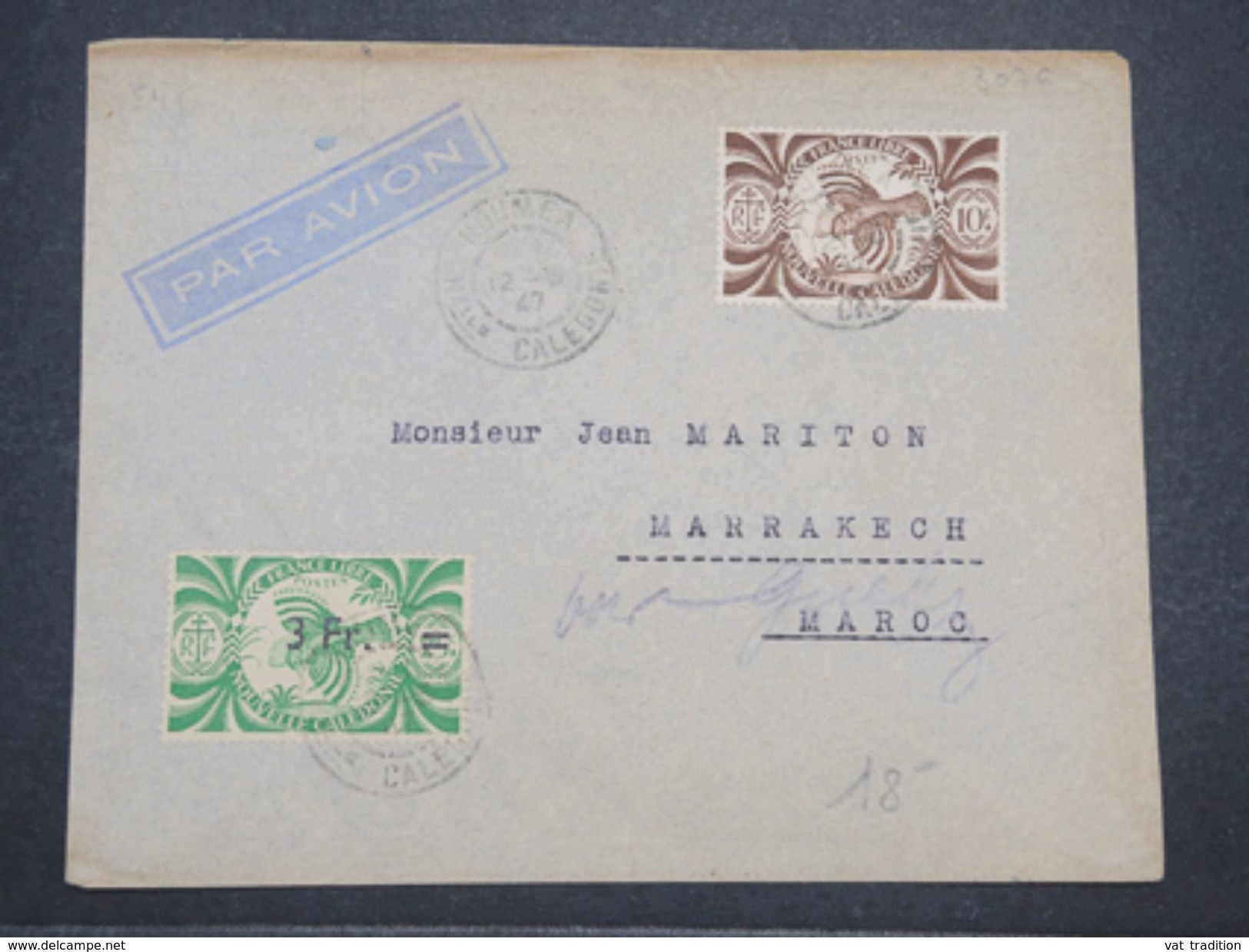 NOUVELLE CALÉDONIE - Enveloppe De Nouméa Pour Marrakech En 1947 , Affranchissement Plaisant - L 9985 - Cartas & Documentos