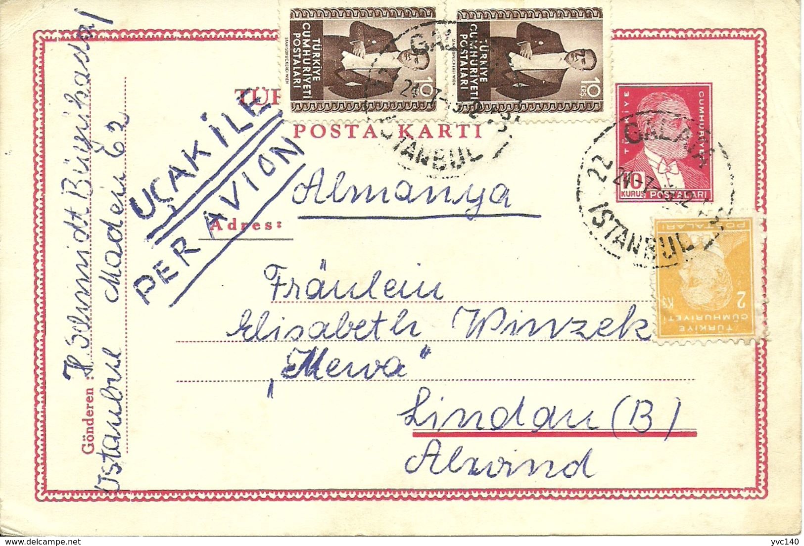 Turkey; 1951 Postal Stationery Sent From Istanbul To Lindau (Germany) - Ganzsachen