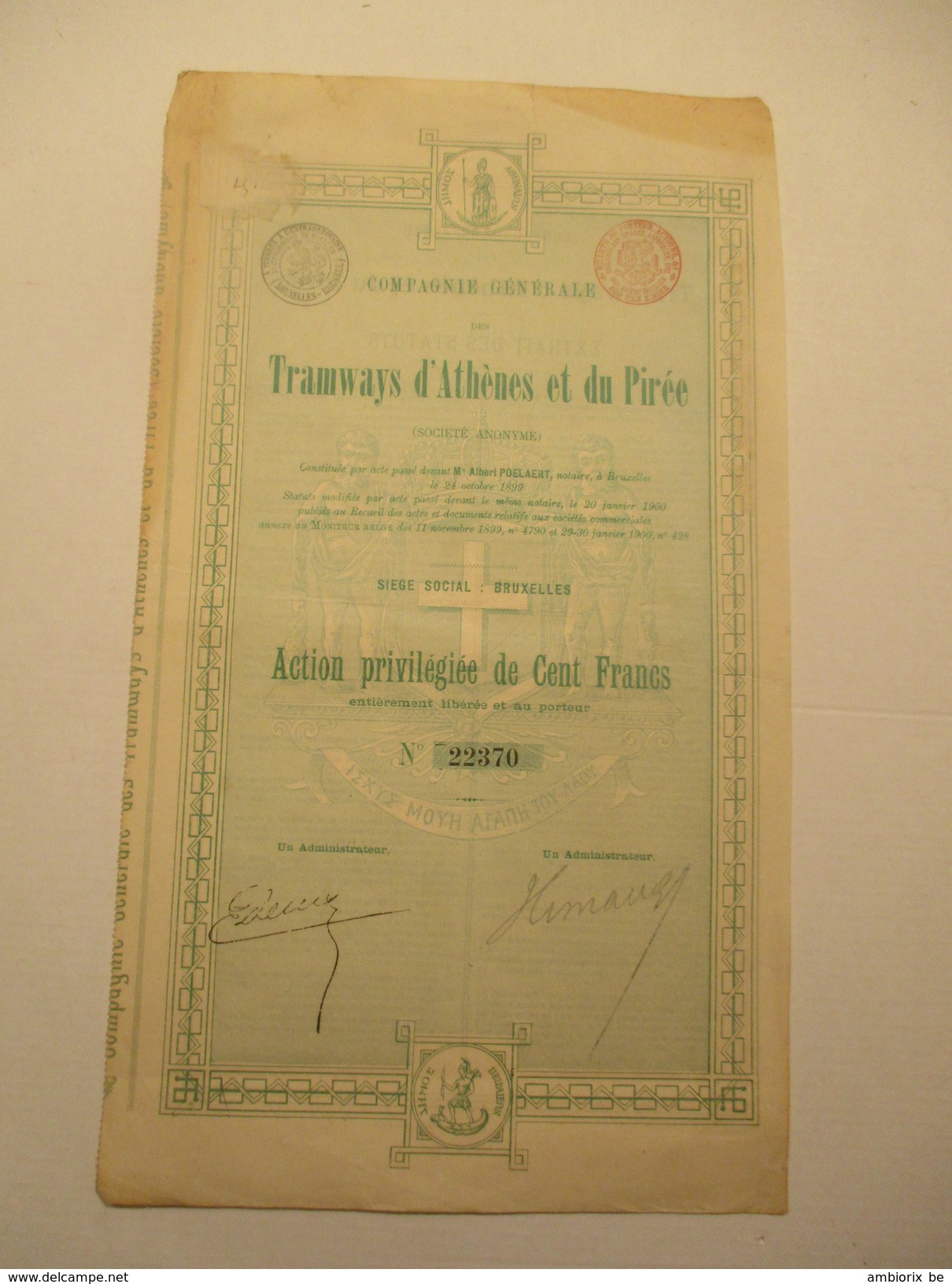 Tramways D'Athènes Et Du Pirée  - Action Privilégiée De Cent Francs - Transportmiddelen