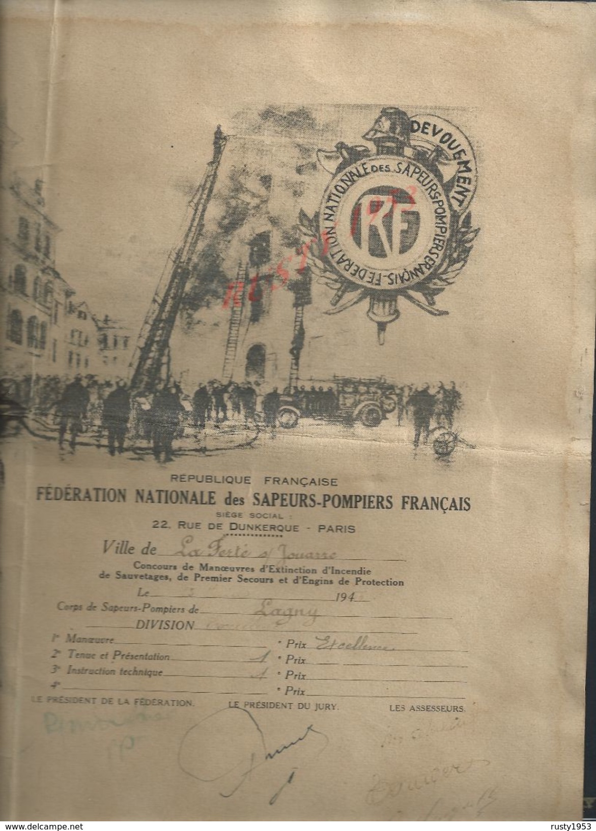 NCIEN DIPLOME 40X31 SAPEURS POMPIERS VILLE LA FERTE SOUS JOUARRE 1949 CORPS SAPEURS POMPIERS LAGNY PRIX EXELLENCE PARIS - Pompiers