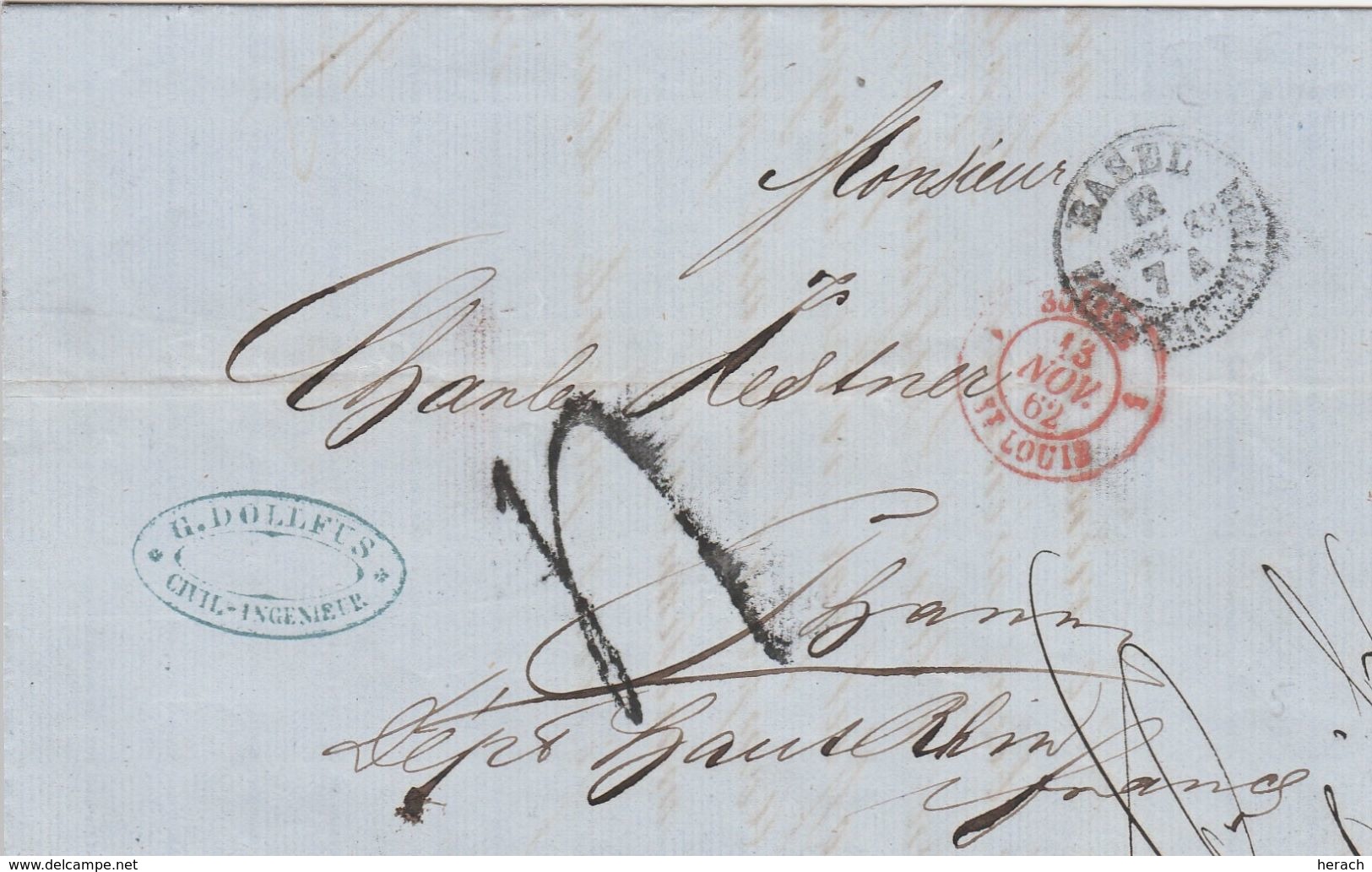 Cachet D'entrée Suisse Par St Louis Sur Lettre De Basel 1862 - Marques D'entrées