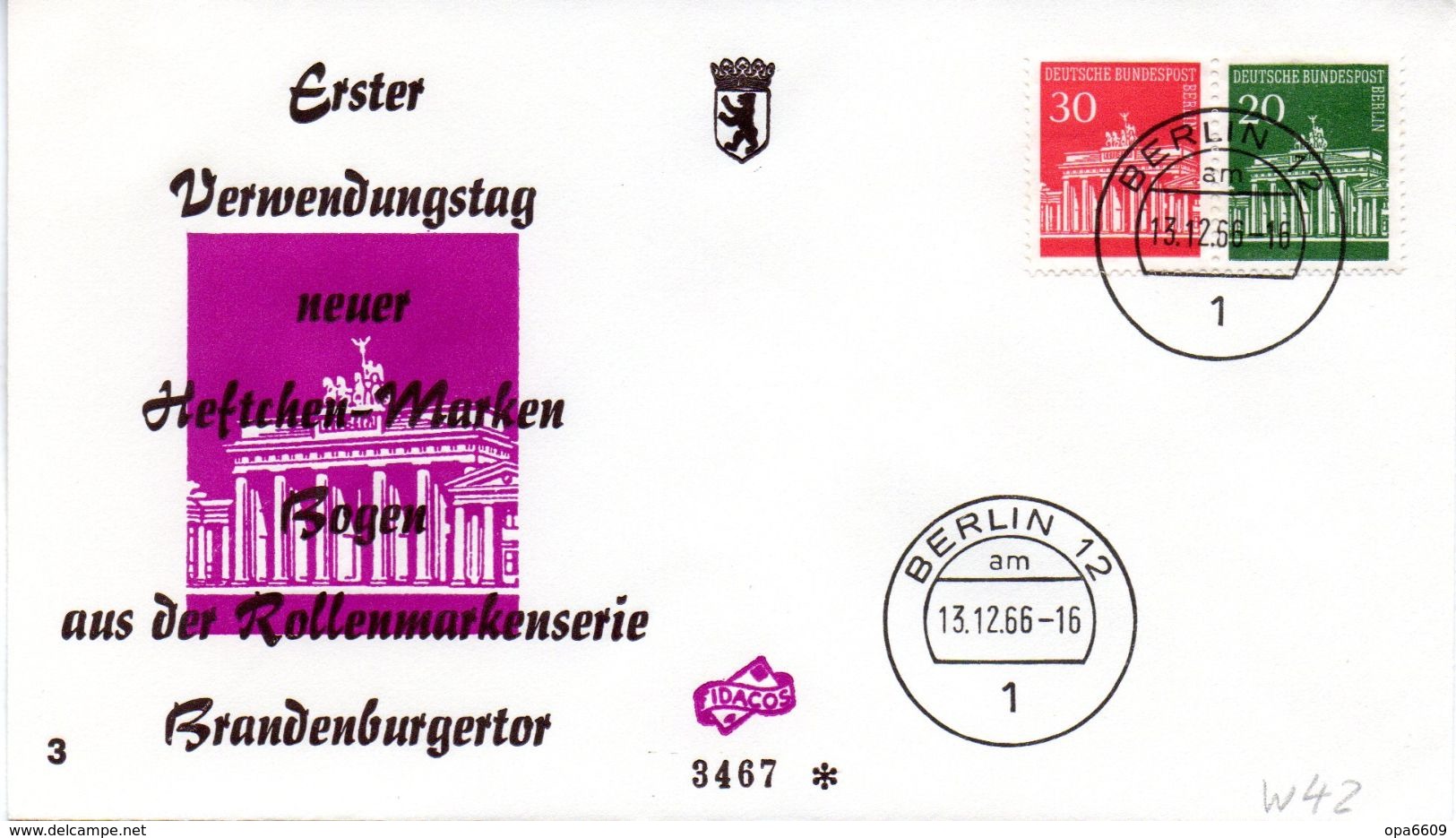 WB Schmuck-FDC  Freimarken "Brandenburger Tor", Mi. Zdr. W 42 ETST BERLIN 12  13.12.1966 - Autres & Non Classés