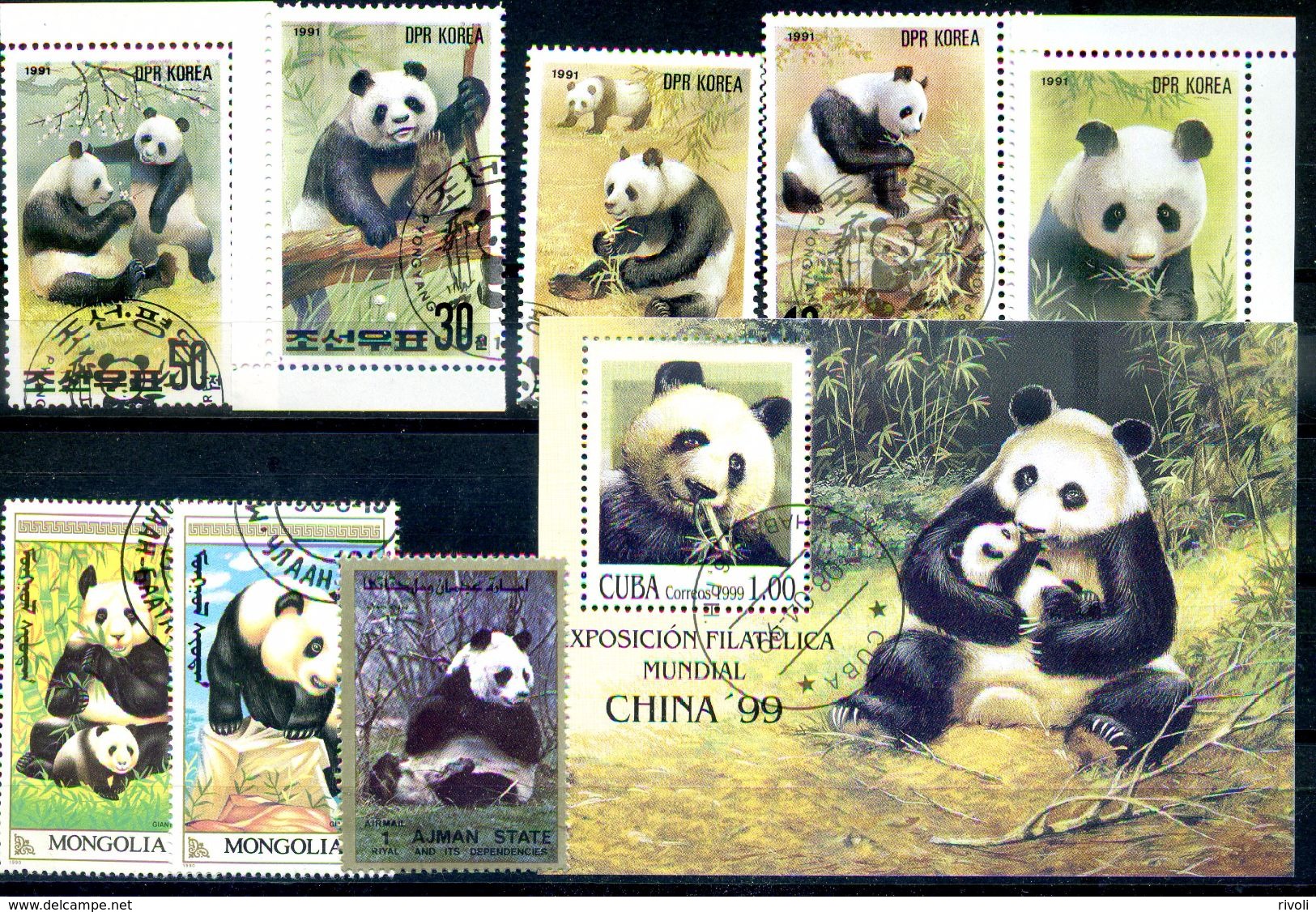 LOT DE 7 TIMBRES OB + 1 BLOC THEMATIQUE PANDA - Ours