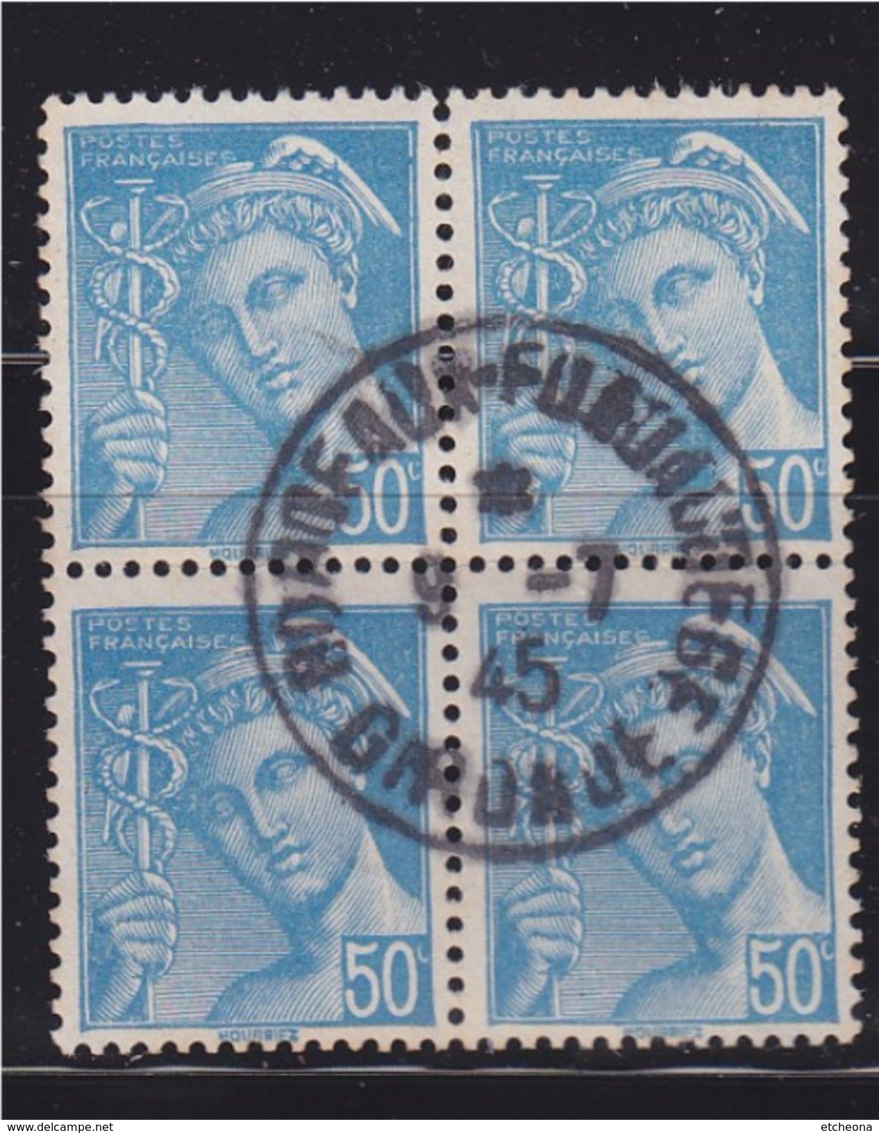 = Bloc De 4 Mercure 50c Turquoise N°549 Oblitéré Postes - 1938-42 Mercure