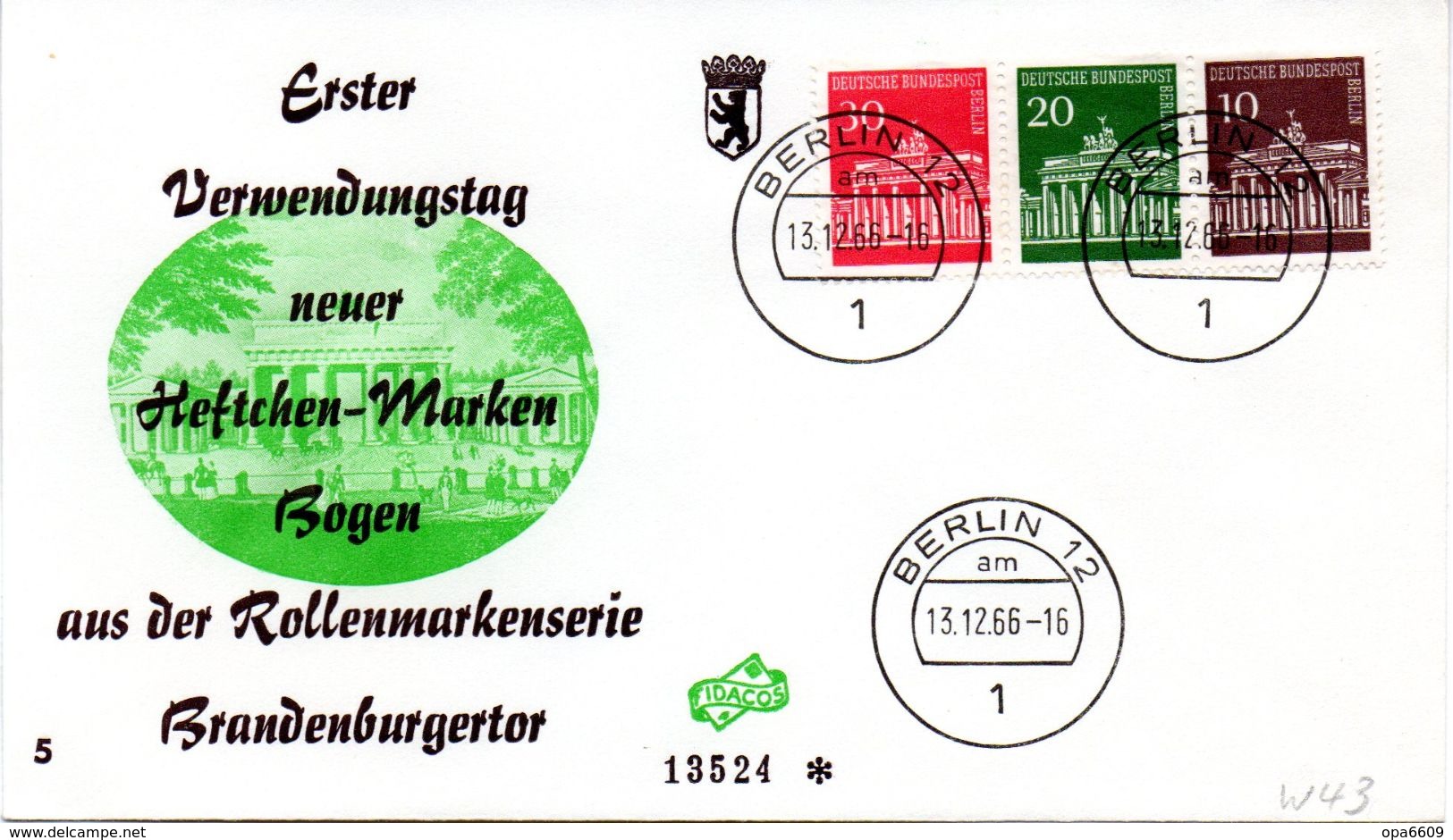 WB Schmuck-FDC  Freimarken "Brandenburger Tor", Mi. Zdr. W 43 ETST BERLIN 12  13.12.1966 - Autres & Non Classés