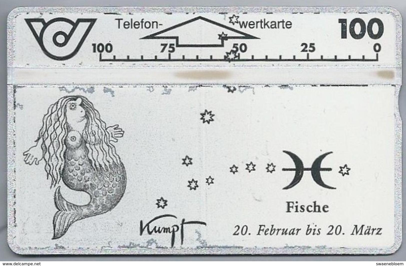 AT.- Telefoonkaart. Telefon-wertkarte. Telefonwertkarte. Fische 20 Februar Bis 20 März. Kumpt. Oostenrijk. - Zodiaco