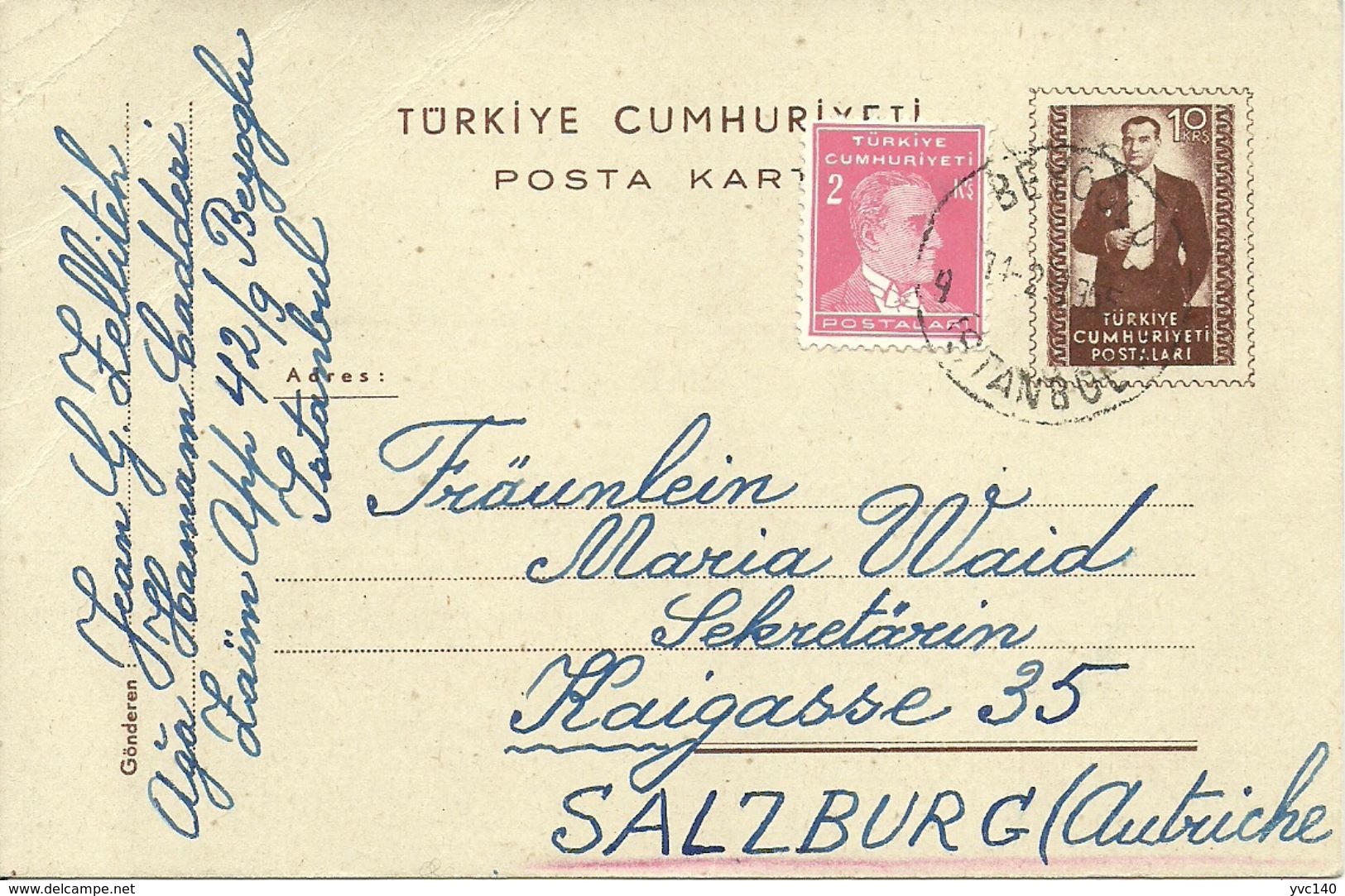 Turkey; 1953 Postal Stationery Sent To Salzburg - Postwaardestukken