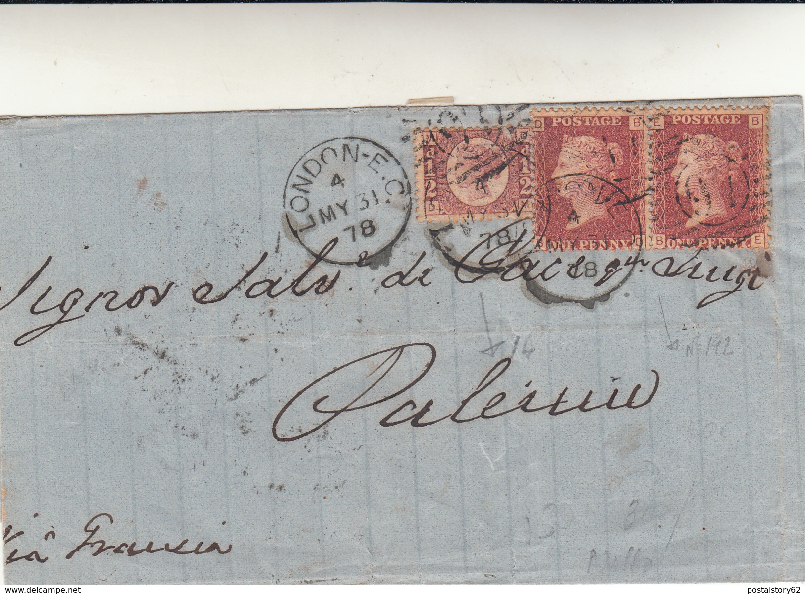 London To Palermo, Cover Via Di Francia Con 1/2 + 1+1 Penny 1878 - Storia Postale