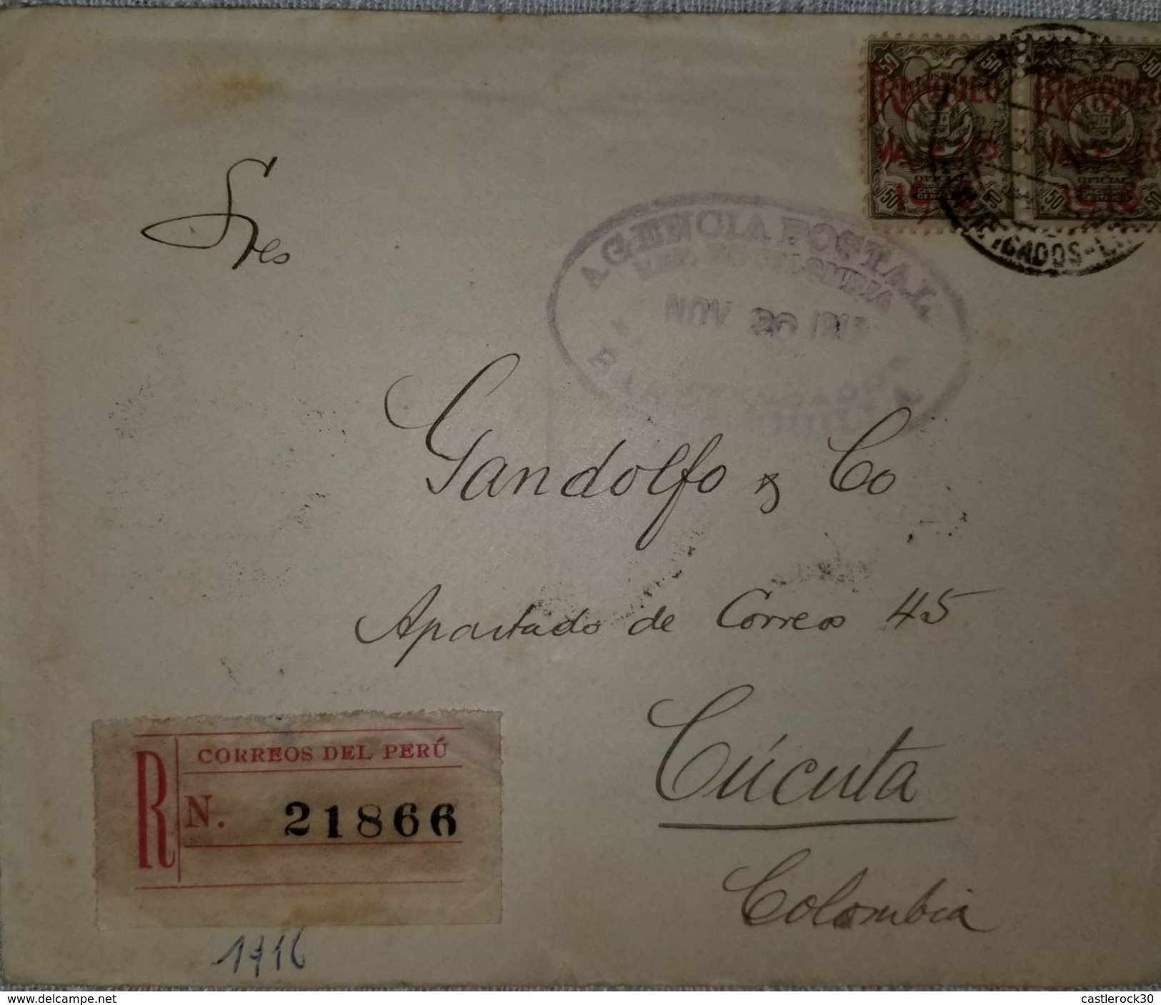 O) 1919 PERU, COVER REGISTERED, COAT OF AMRS 50 CENTAVOS BLUE GREEN-SCOTT O1, TO COLOMBIA, BLOCK FOR 2 XF - Peru