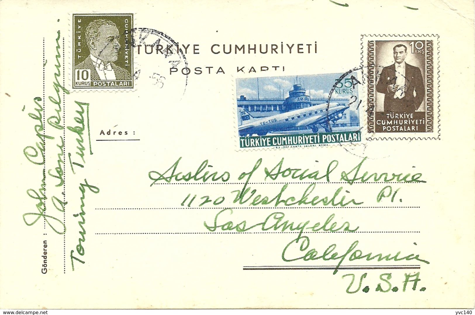 Turkey; 1955 Postal Stationery Sent To USA - Postwaardestukken