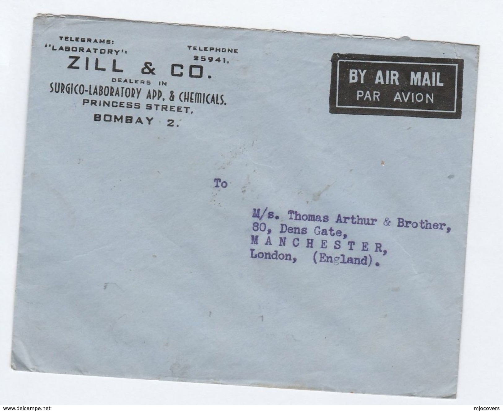 1949 INDIA To ZILL SURGICO LAB & CHEMICALS Co Bombay To Manchester GB Chemistry Health Medicine Stamps Air Mail Cover - Scheikunde