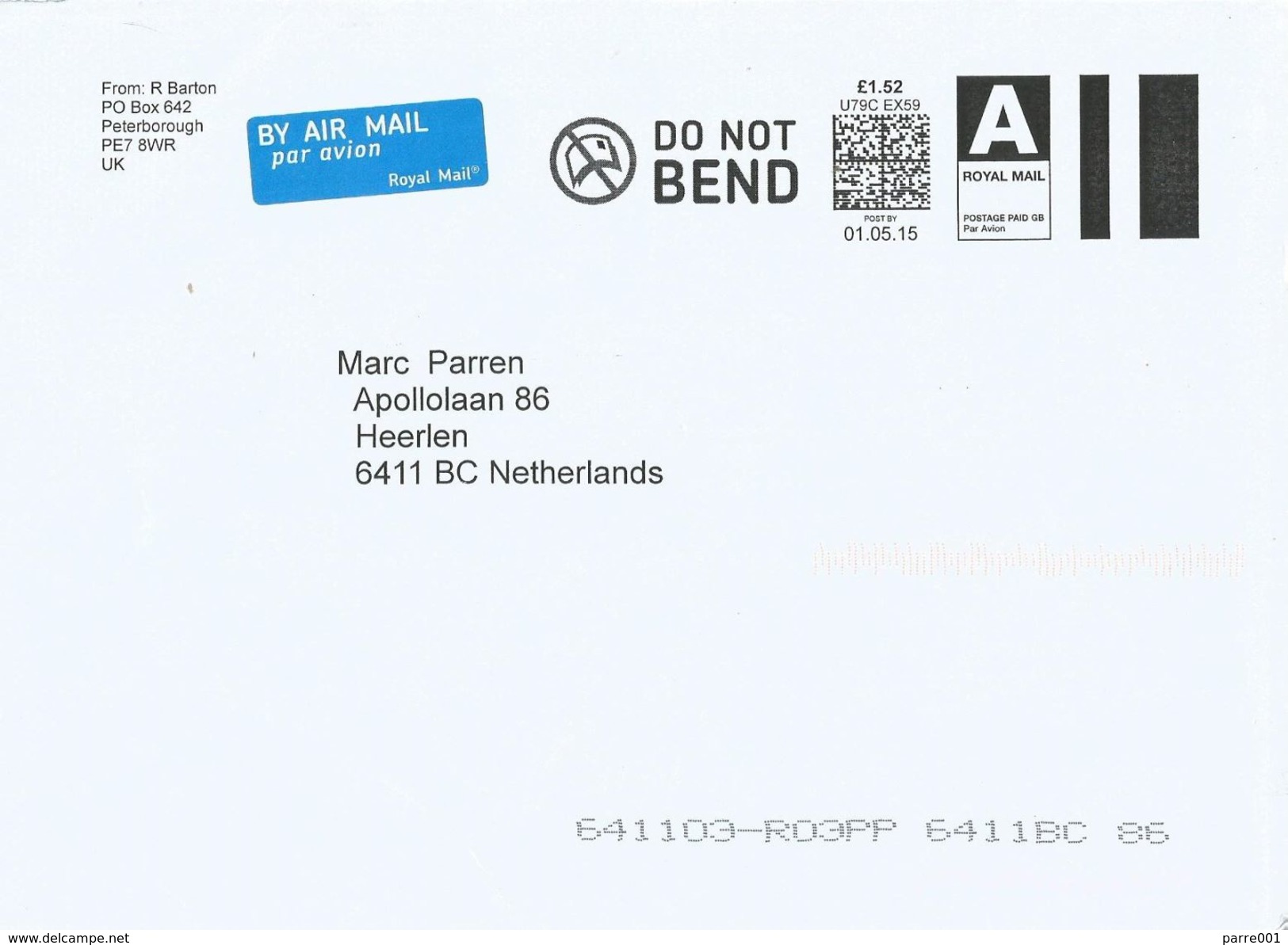 UK 2015 Peterborough Meter Franking Royal Mail “SmartStamp” A International Airmail Cover - Macchine Per Obliterare (EMA)