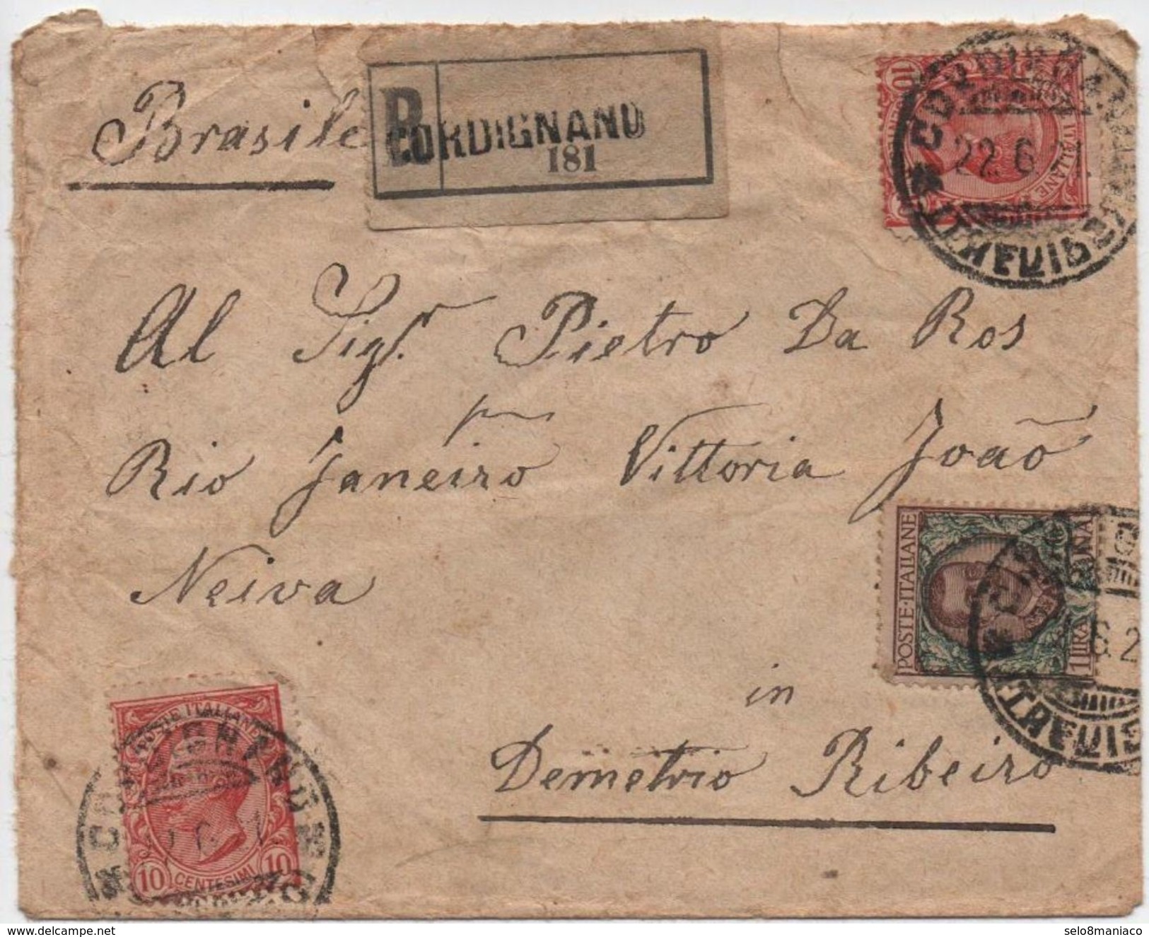 X1693-Italy-Registered Cover From Cordignano To Demétrio Ribeiro, ES, Brazil-1921 - Marcophilia