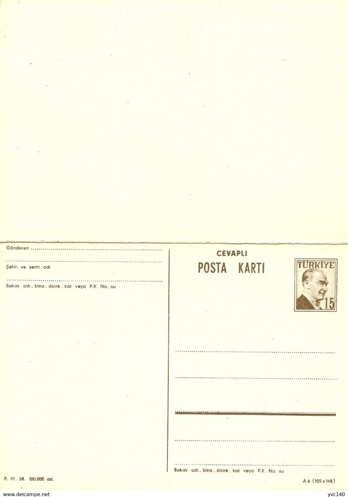 Turkey ; 1958 Reply-Paid Postal Stationery Isfila AN 190 - Postal Stationery