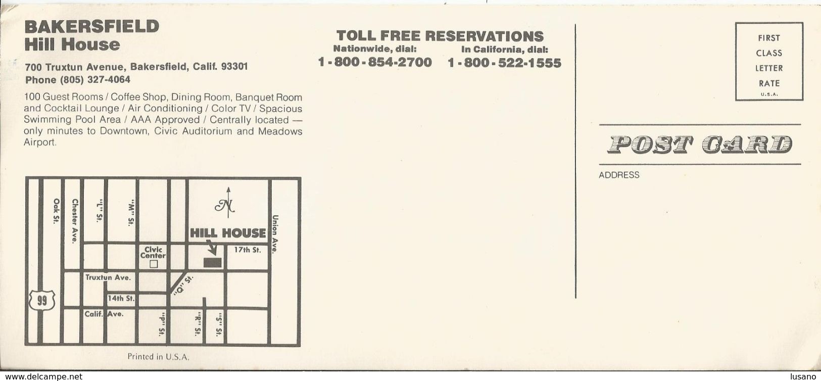 Carte Postale Publicitaire Hill House (Hôtel) - Bakersfield - Californie - Etats-Unis - Hotel Labels