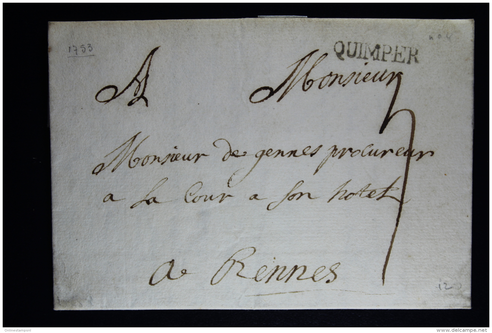 France: Lettre Complet 1753 Quimper Indice 12 A Rennes - 1701-1800: Précurseurs XVIII