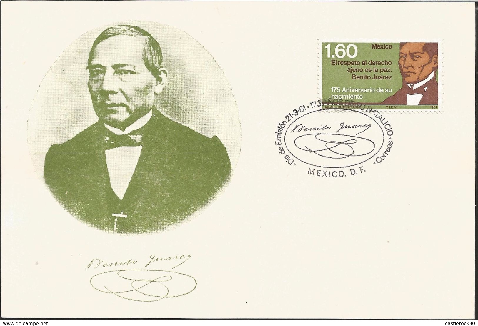 L) 1981 MEXICO, 175TH ANNIVERSARY OF THE BIRTH OF BENITO JUAREZ, RESPECT FOR OTHERS LAW IS PEACE, GREEN, FDC - Mexico