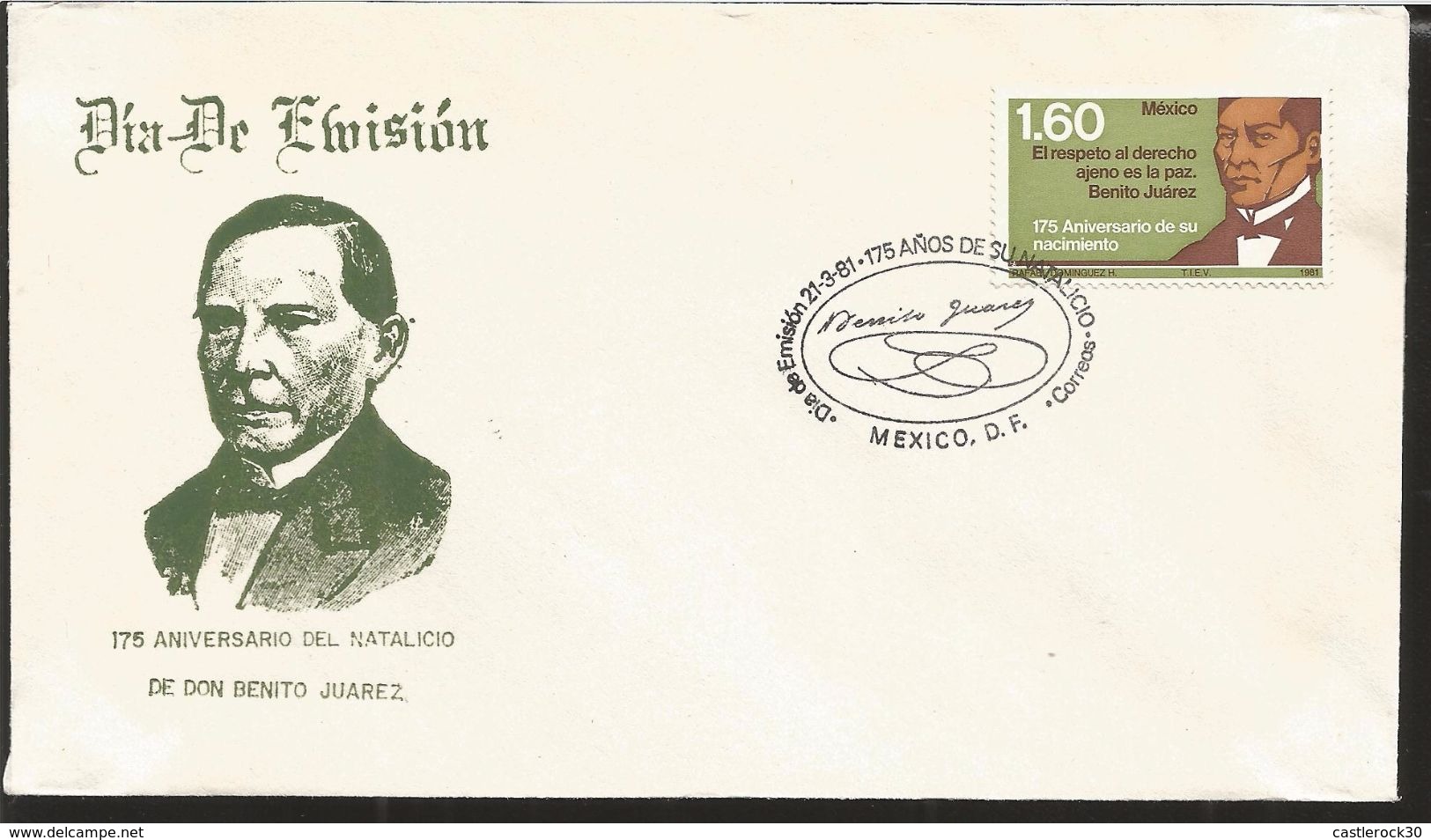 L) 1981 MEXICO, BENITO JUAREZ,  175TH ANNIVERSARY OF THE BIRTH, RESPECT FOR OTHERS LAW IS PEACE, FDC - Mexico