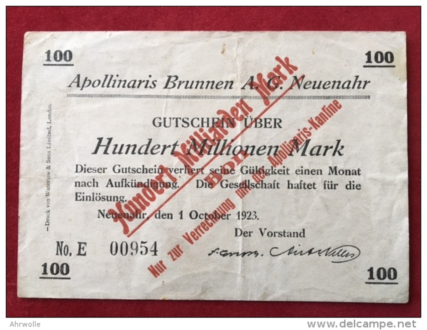 Original Notgeldschein Apollinaris Brunnen AG Bad Neuenahr 100 Milliarden Mark 1923 Überdruck Rarität - Lokale Ausgaben