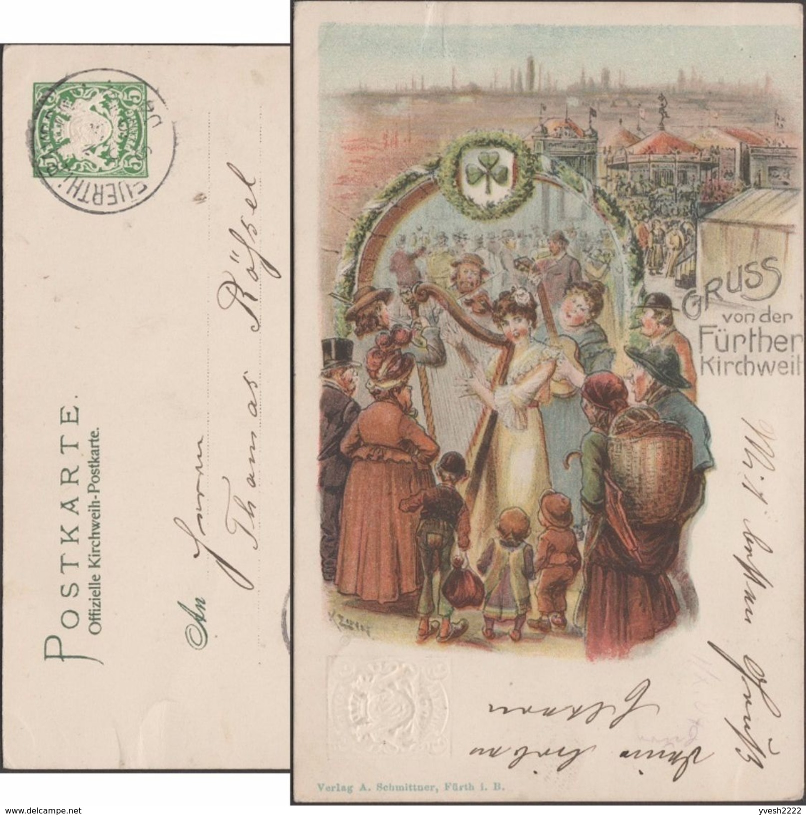 Bavière 1904. Carte Entier TSC. Gruss Von Der Fürther Kirchweit. Volksfest. Musiciens (harpe, Violon, Guitare), Manèges - Musik