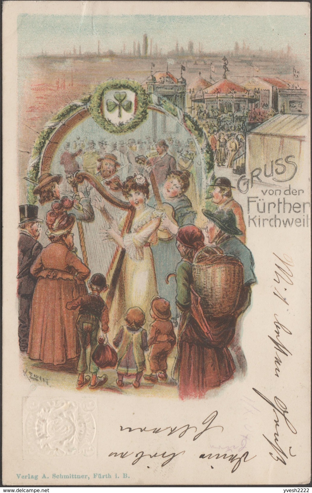 Bavière 1904. Carte Entier TSC. Gruss Von Der Fürther Kirchweit. Volksfest. Musiciens (harpe, Violon, Guitare), Manèges - Musique