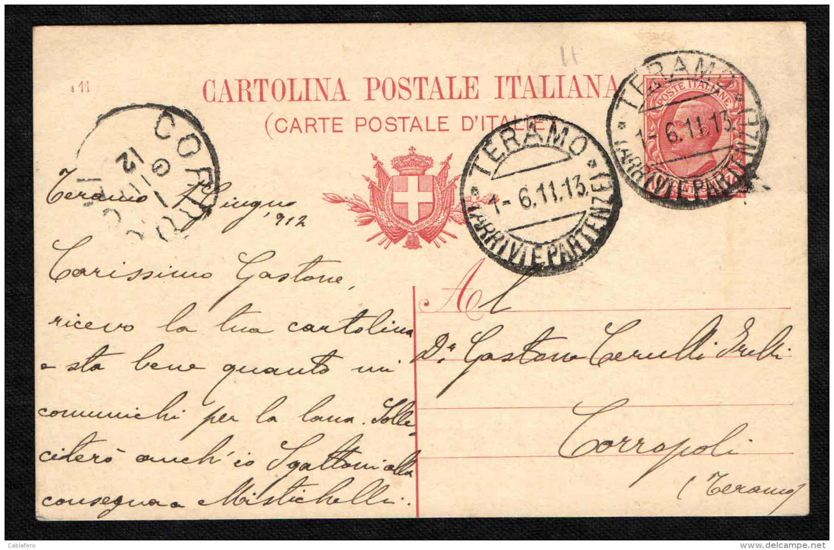 ITALIA REGNO - 1.6.12 - ERRORE DATARIO - CARTOLINA POSTALE DA TERAMO VERSO CORROPOLI - MILLESIMO 11 - LEONI 10 CENT. - Interi Postali