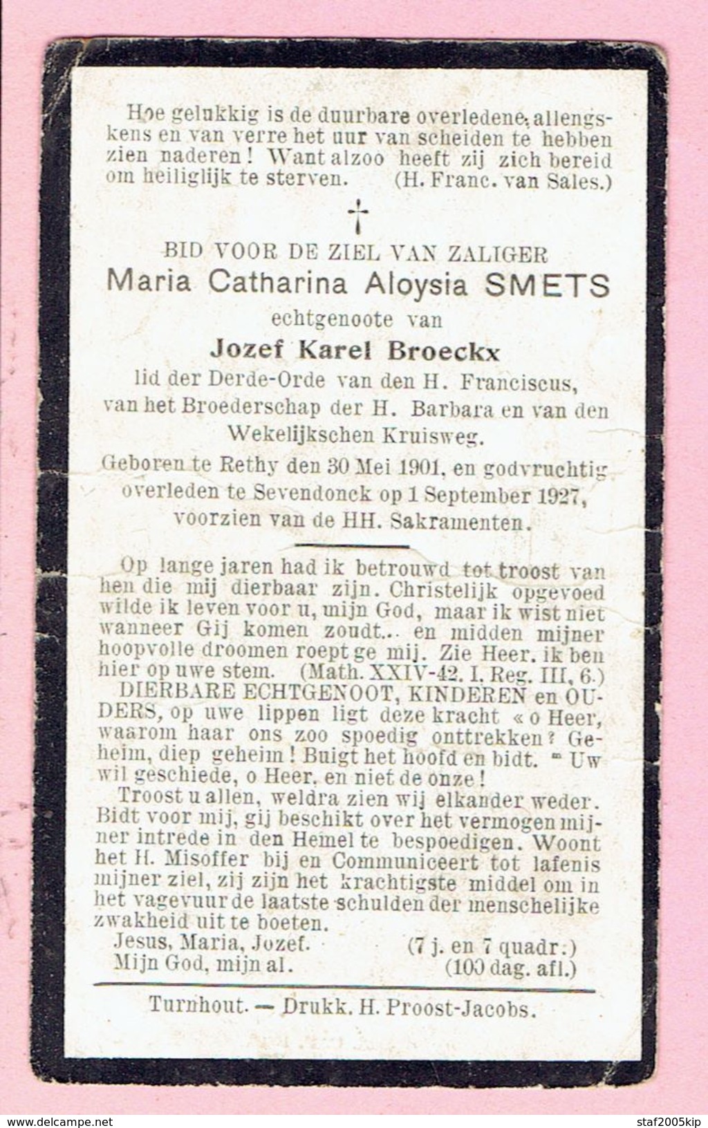 Bidprentje - Maria Catharina Aloysia SMETS Echtg. Jozef Karel BROECKX - Rethy 1901 Retie - Sevendonck 1927 Turnhout - Religion &  Esoterik