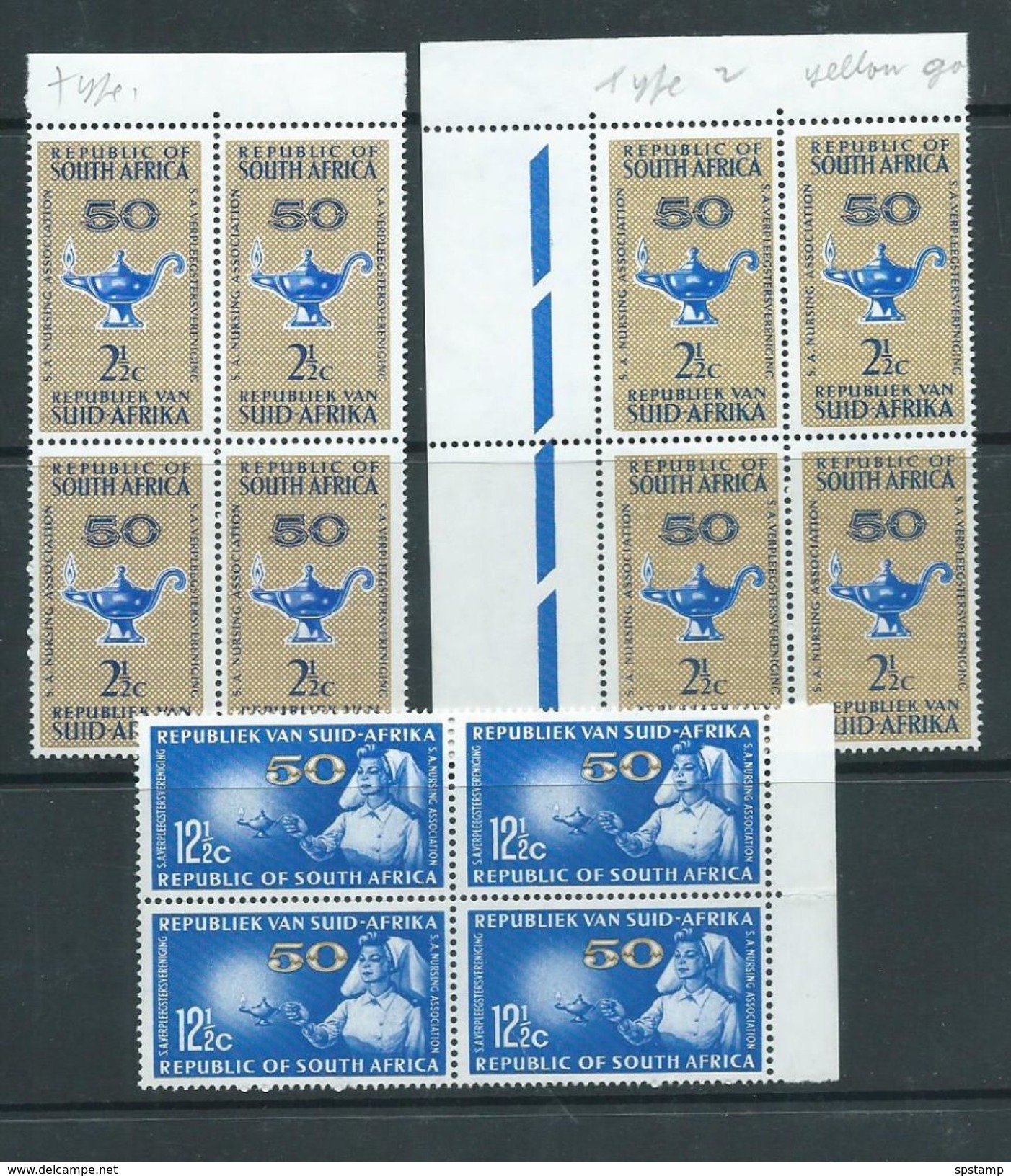 South Africa 1964 Nursing Association Set Of 3 MNH Blocks Of 4 , Both 2.5c With Pencil Annotations On Gum - Neufs