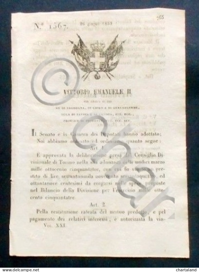 Decreto Vittorio Emanuele II - Bilancio Divisione Per L'esercizio 1853 - 1853 - Non Classificati