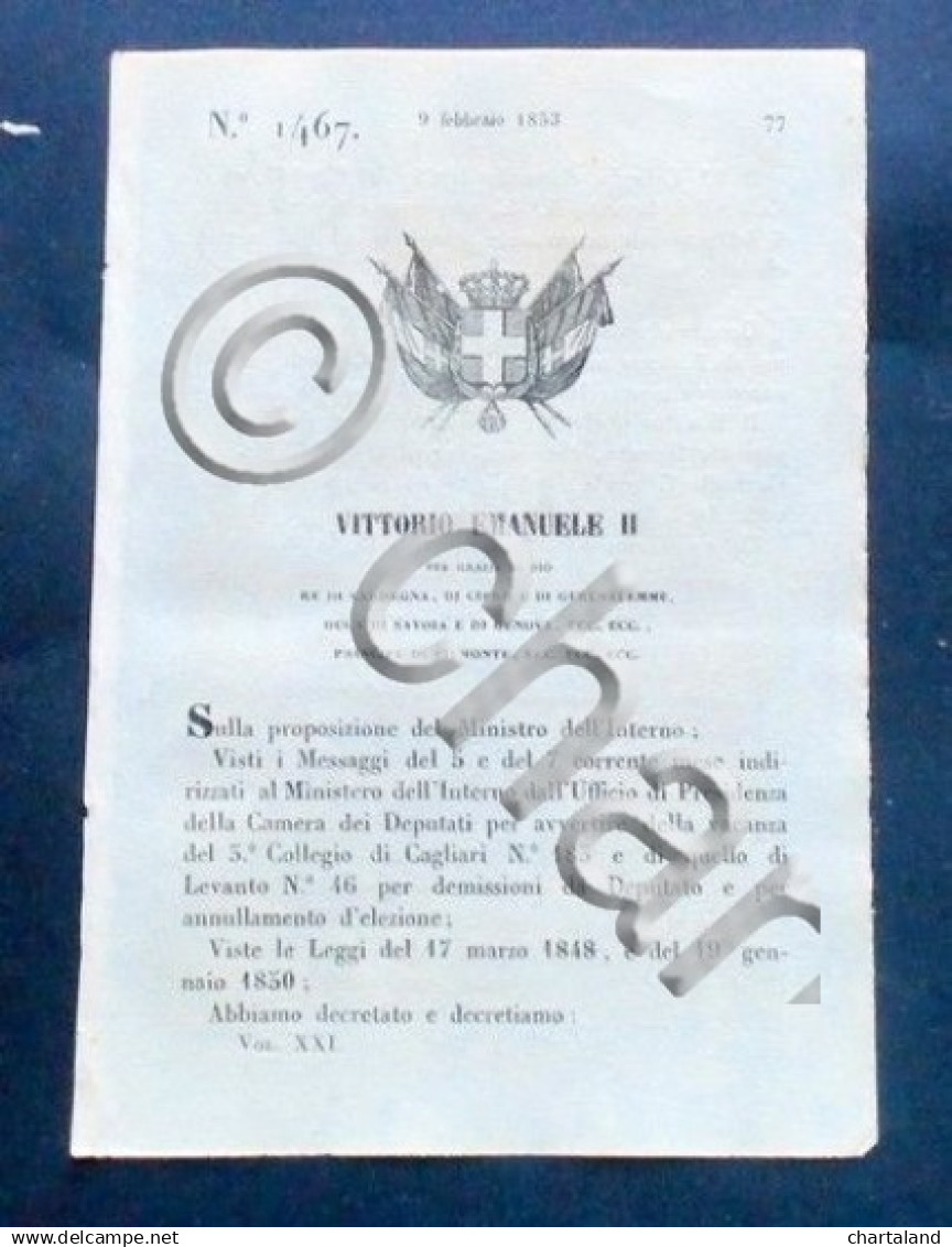 Decreto Vittorio Emanuele II - 3° Collegio Elettorale Di Cagliari - 1853 - Non Classificati