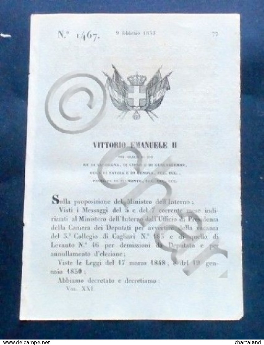 Decreto Vittorio Emanuele II - 3° Collegio Elettorale Di Cagliari - 1853 - Ohne Zuordnung
