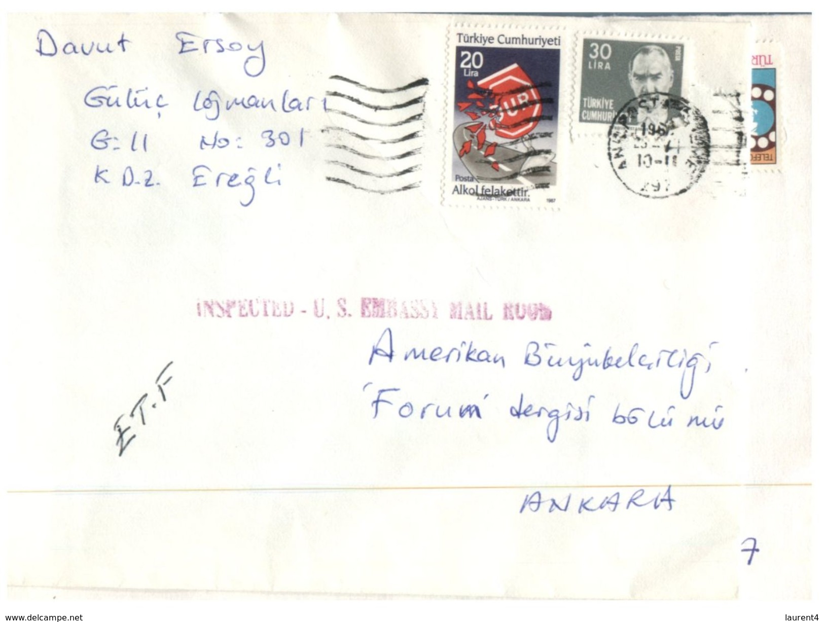 (333) Turkey Letter Posted To US Embassy In Ankara - Special Mention "inspected US Embassy Mail Room" - Andere & Zonder Classificatie