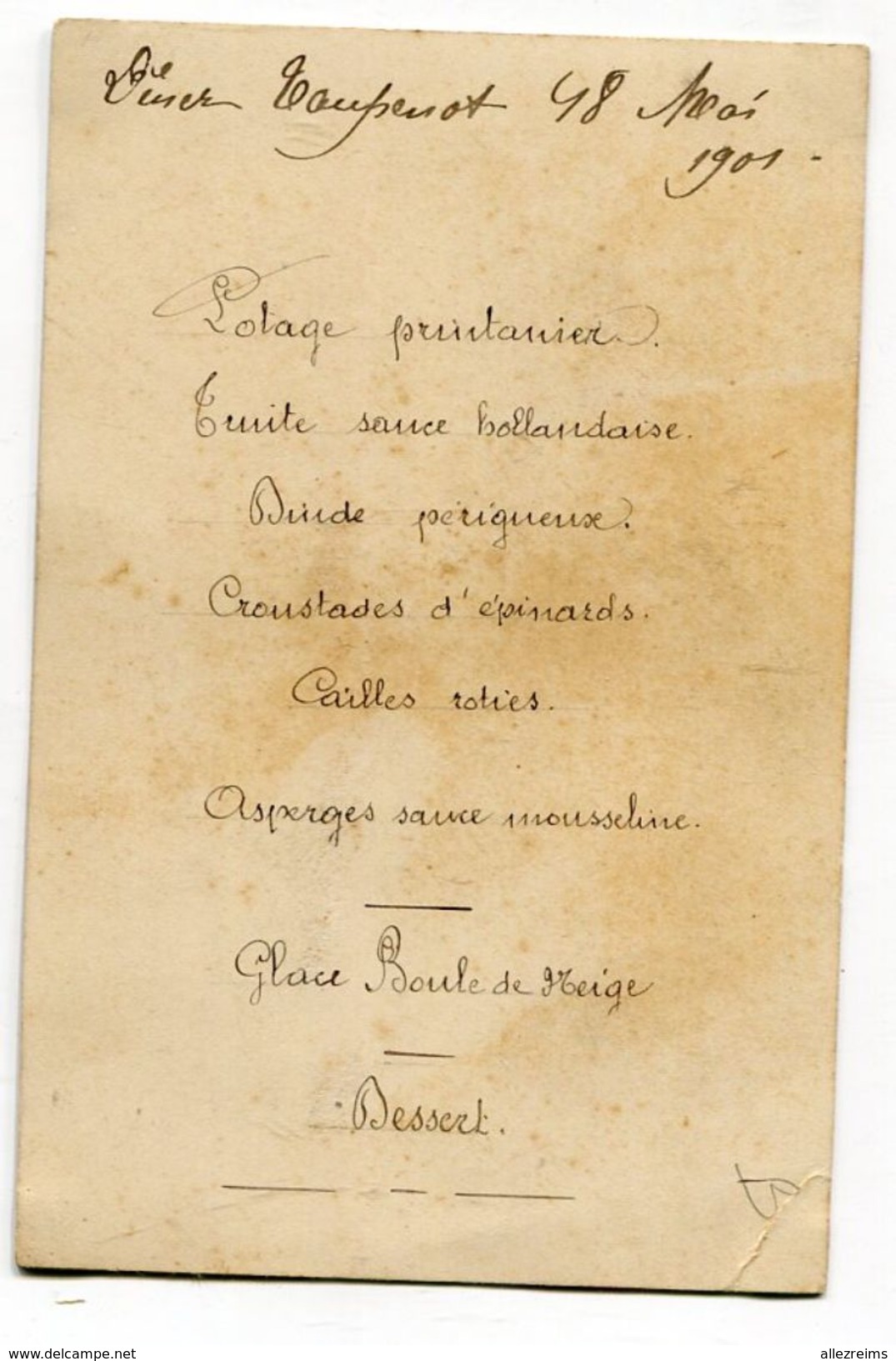 Menu Pour Un Diner : 1901 Familles  Morlot Et Taupenot  VOIR  DESCRIPTIF  §§§ - Menus