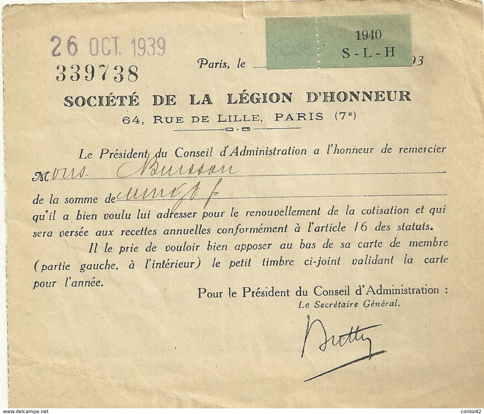 75 PARIS DOCUMENT SOCIETE DE LA LEGION D HONNEUR 1940 TIMBRE COURRIER MILITARIA GUERRE - 1939-45