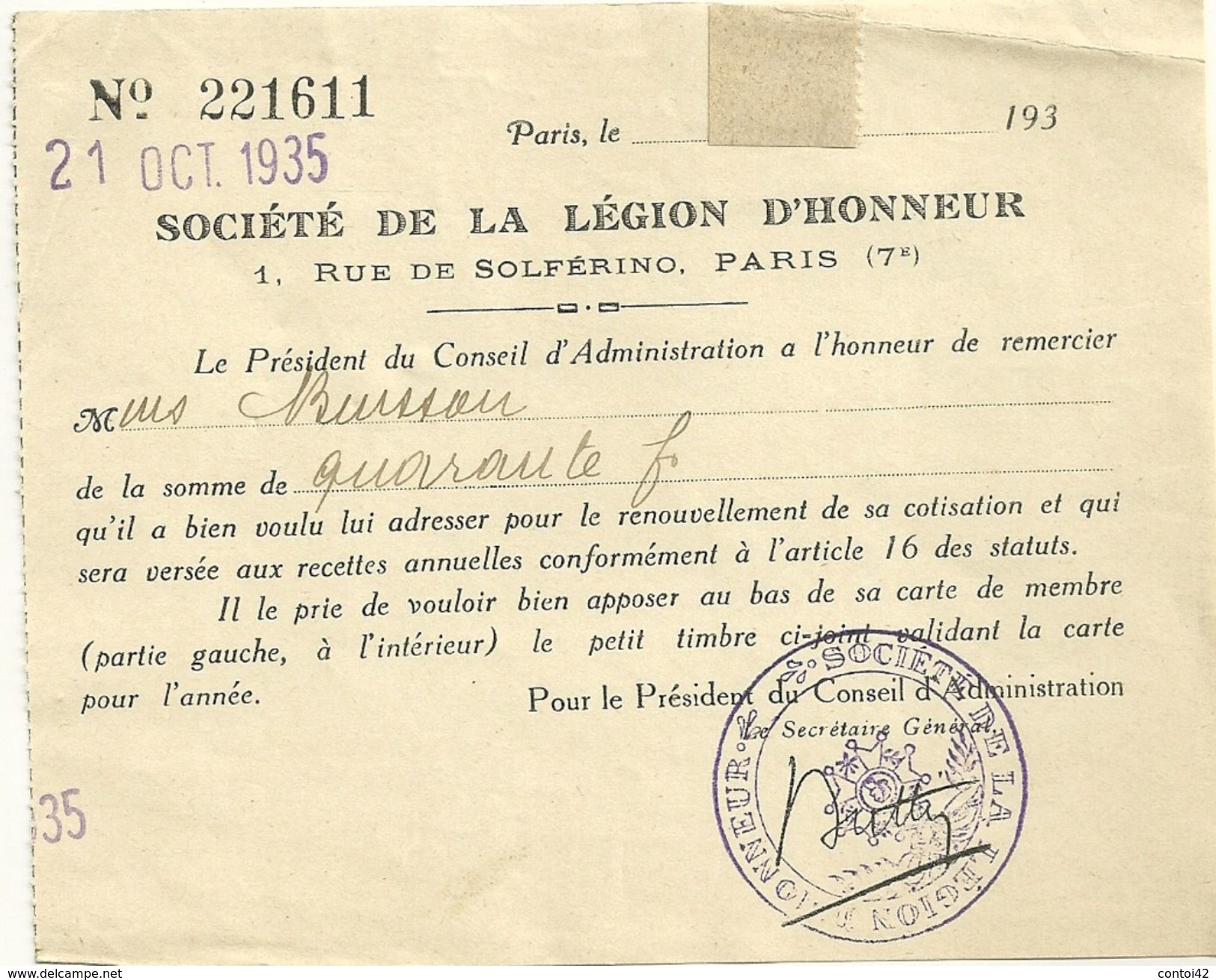 75 PARIS DOCUMENT SOCIETE DE LA LEGION D HONNEUR 1935 COURRIER MILITARIA GUERRE OBLITERATION TAMPON - 1939-45